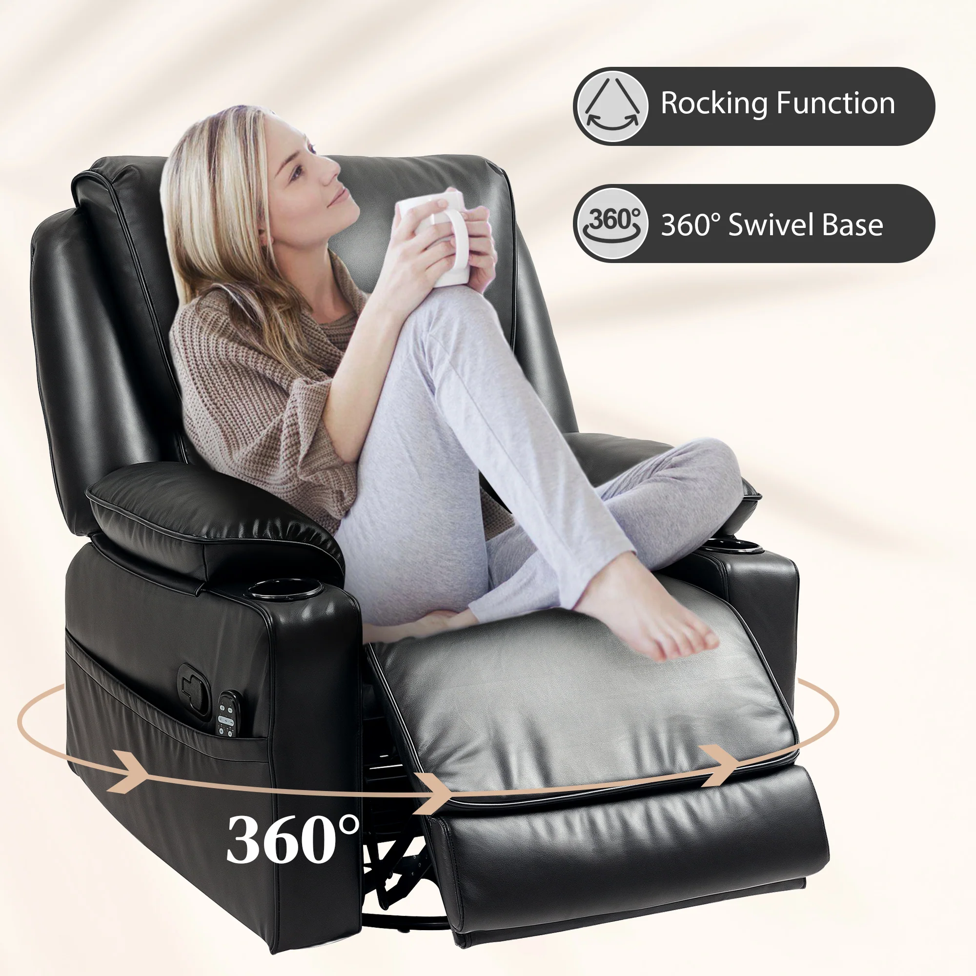 Recliner Massage Armchair with Heat, Swivel Rocker, Footrest & Side Pockets, Black - Image 8