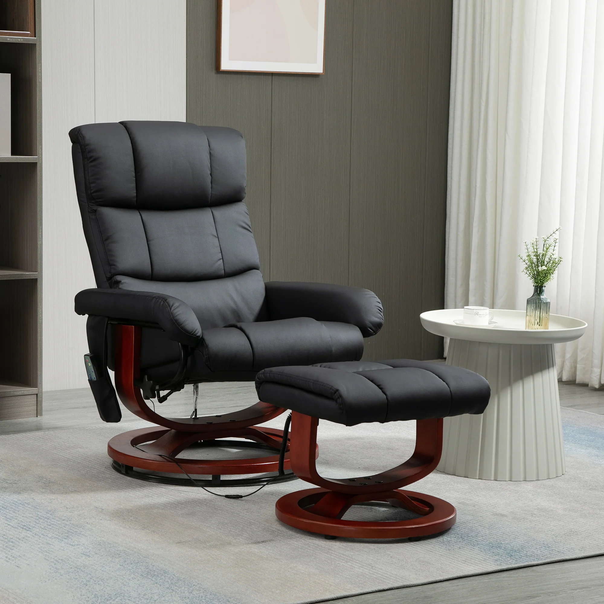 10 Points Massage Recliner Chair with Ottoman, Faux Leather Swivel Recliner, Black - Image 3