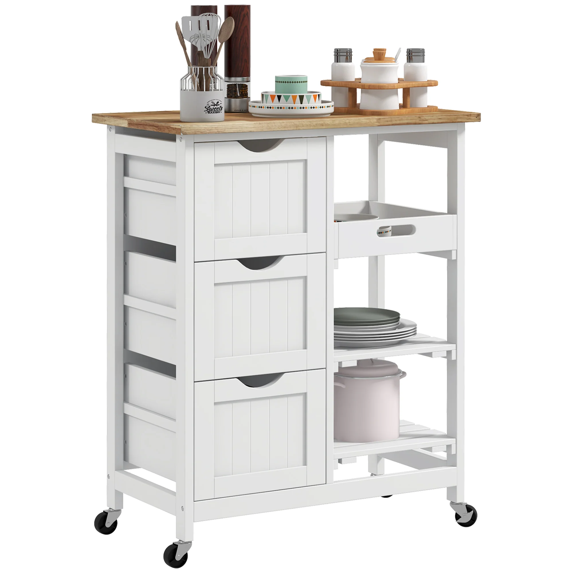 36" Rolling Kitchen Island Cart with Wood Top, Shelves & Drawers for Dining, White