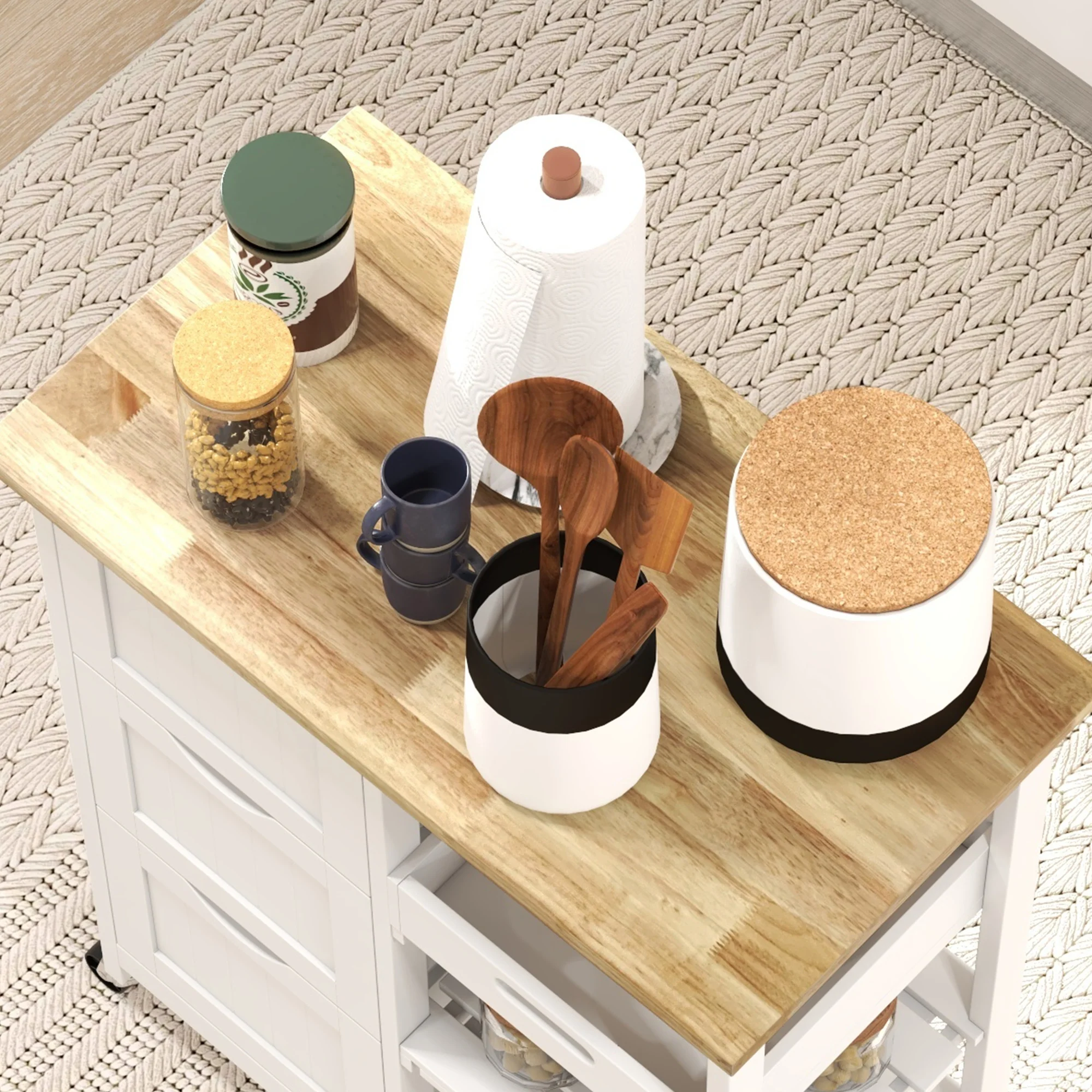 36" Rolling Kitchen Island Cart with Wood Top, Shelves & Drawers for Dining, White - Image 10
