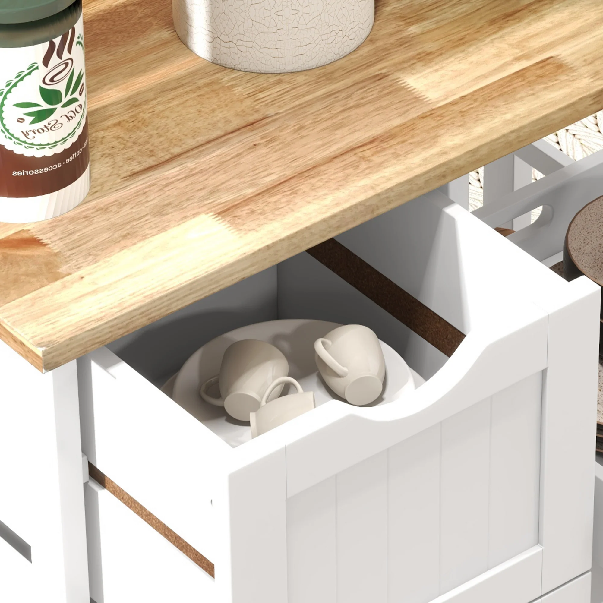 36" Rolling Kitchen Island Cart with Wood Top, Shelves & Drawers for Dining, White - Image 11