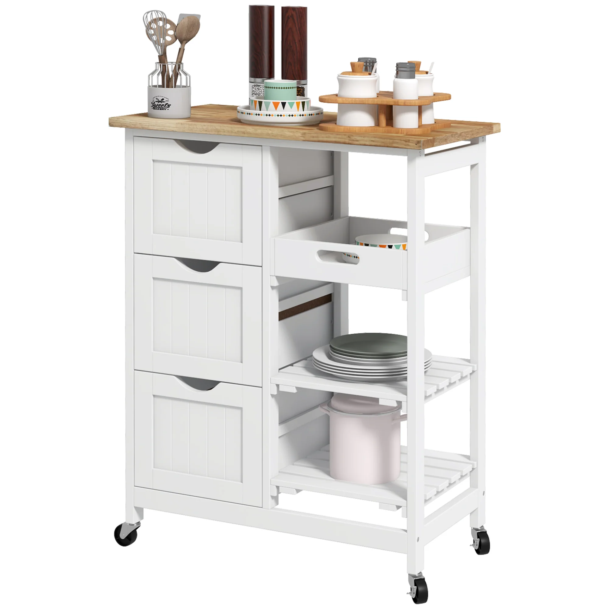 36" Rolling Kitchen Island Cart with Wood Top, Shelves & Drawers for Dining, White - Image 2