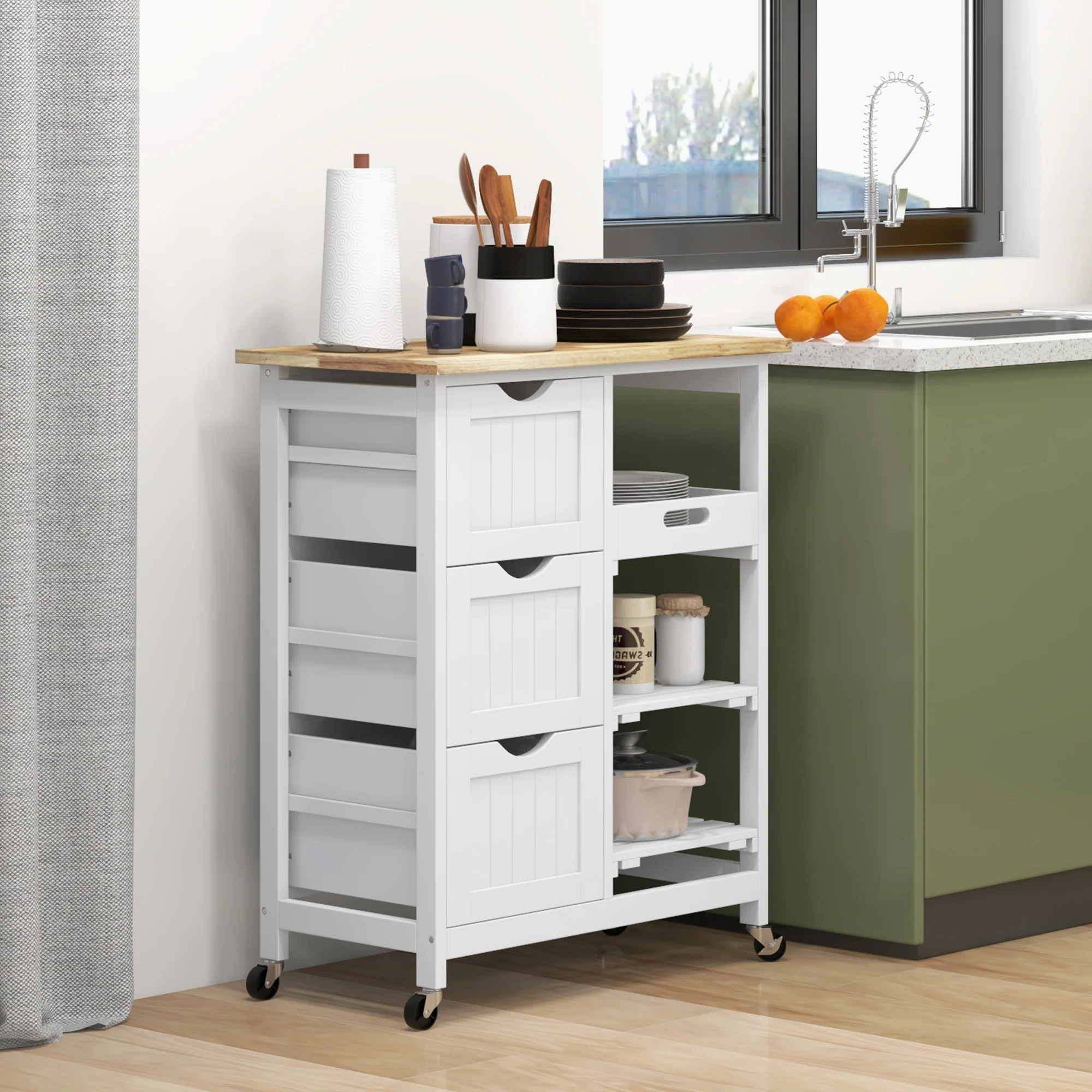 36" Rolling Kitchen Island Cart with Wood Top, Shelves & Drawers for Dining, White - Image 3