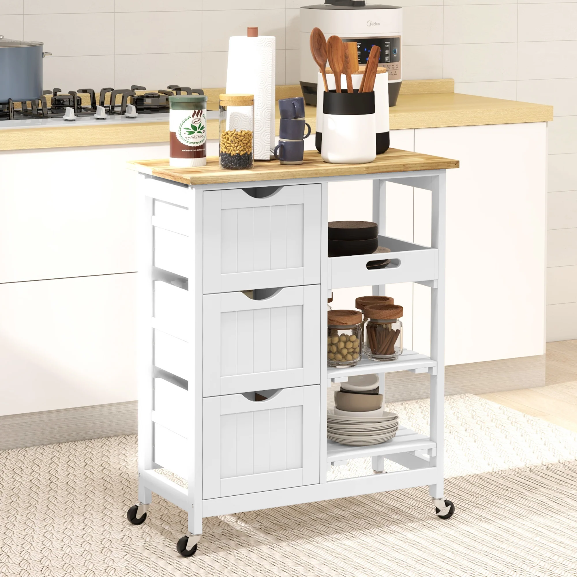 36" Rolling Kitchen Island Cart with Wood Top, Shelves & Drawers for Dining, White - Image 4