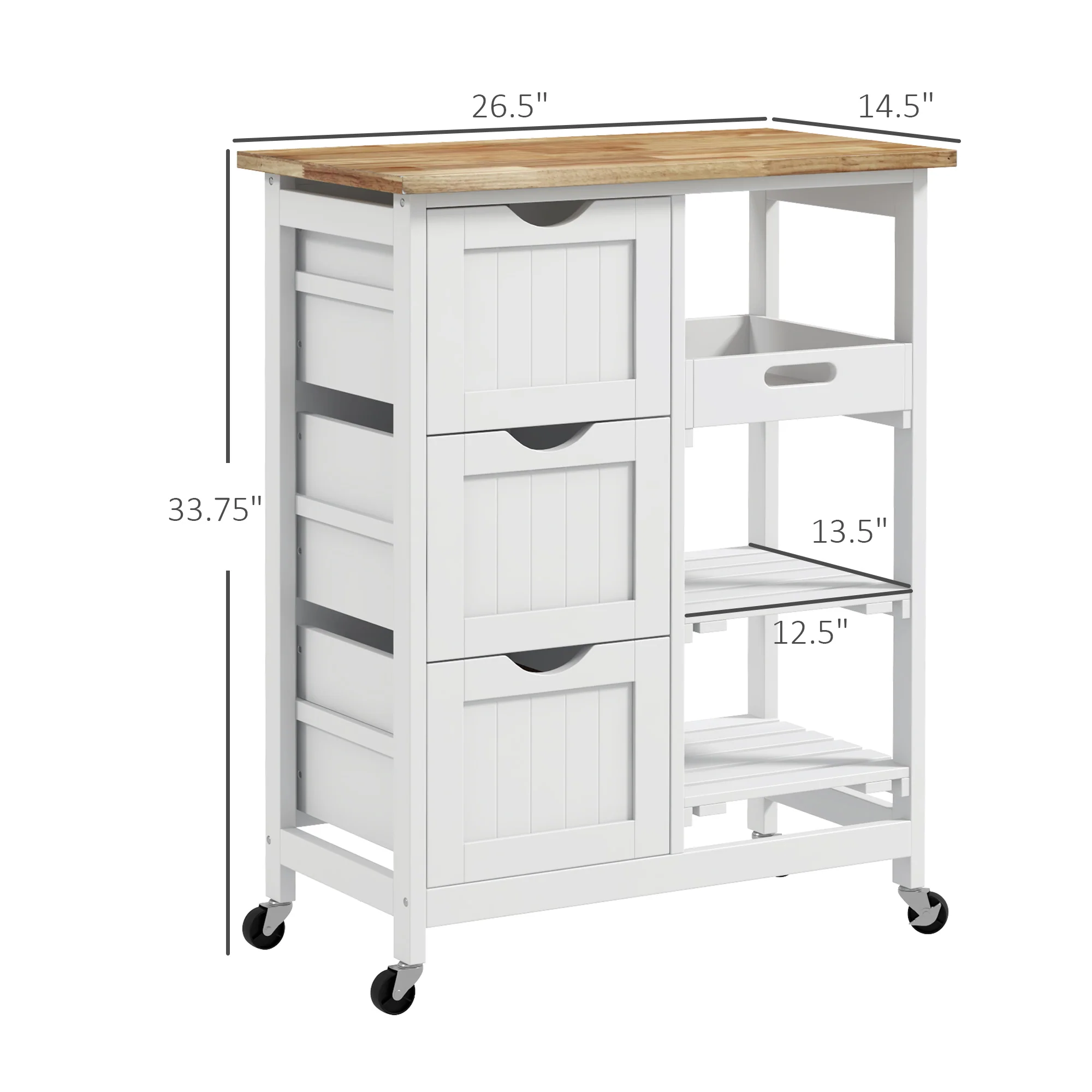 36" Rolling Kitchen Island Cart with Wood Top, Shelves & Drawers for Dining, White - Image 5