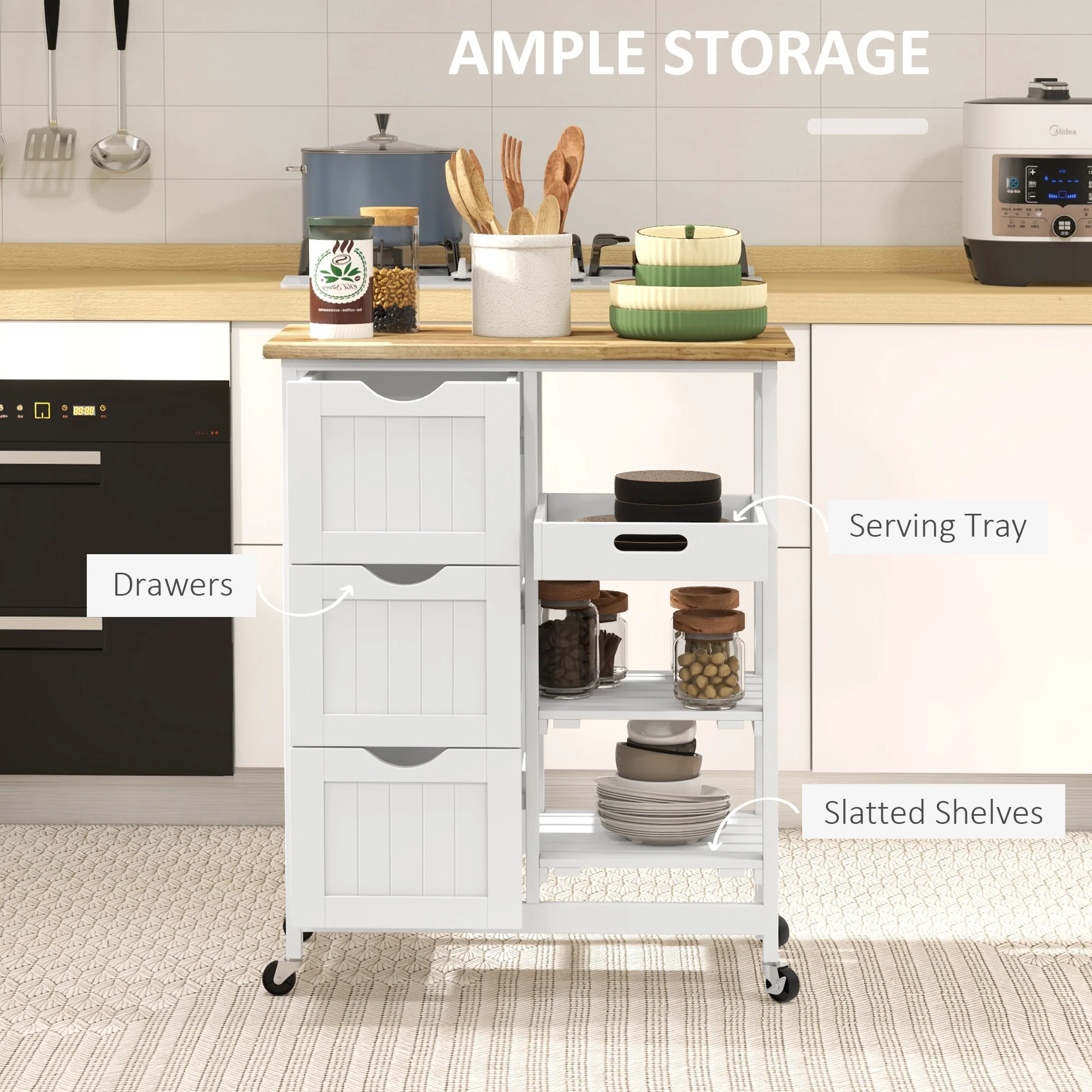 36" Rolling Kitchen Island Cart with Wood Top, Shelves & Drawers for Dining, White - Image 6