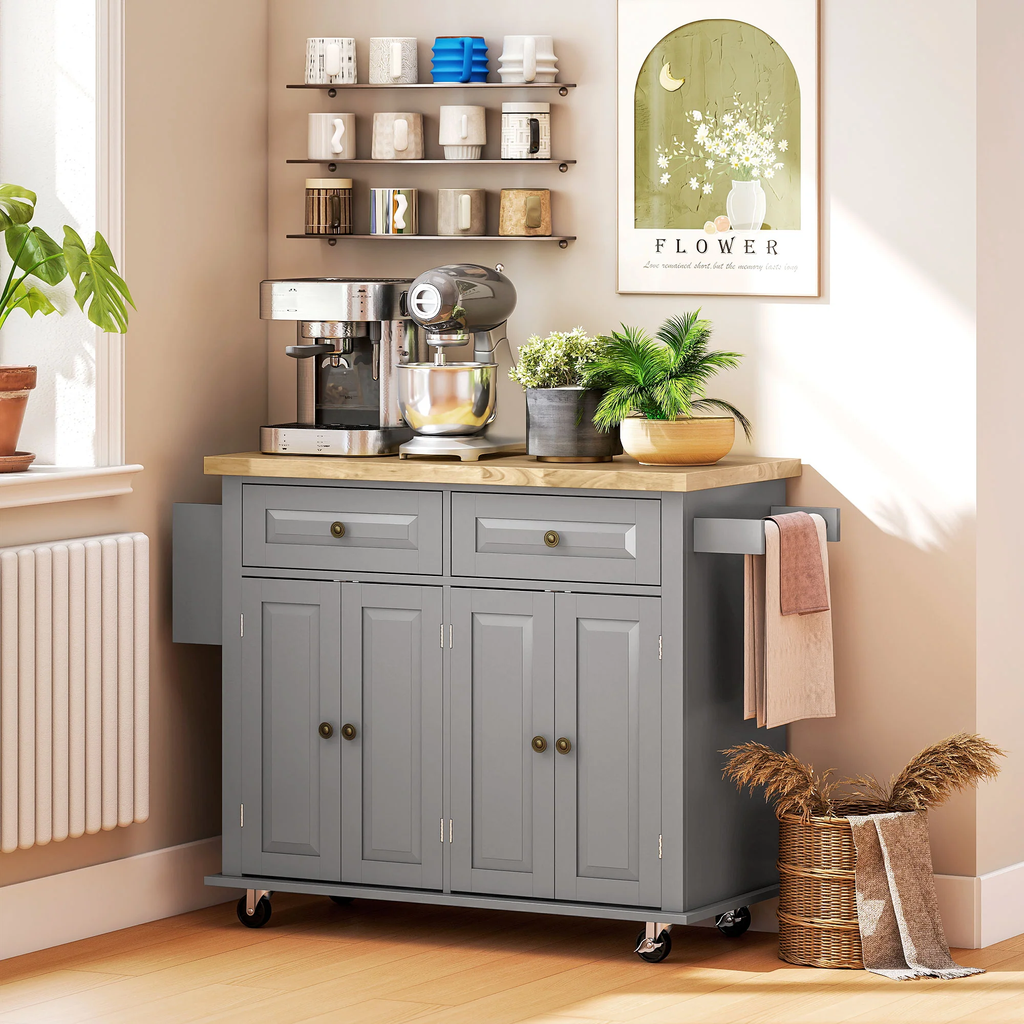 GlideSpace Rolling Kitchen Island Storage Trolley with Rubber Wood Top for Dining Room, Gray - Image 10