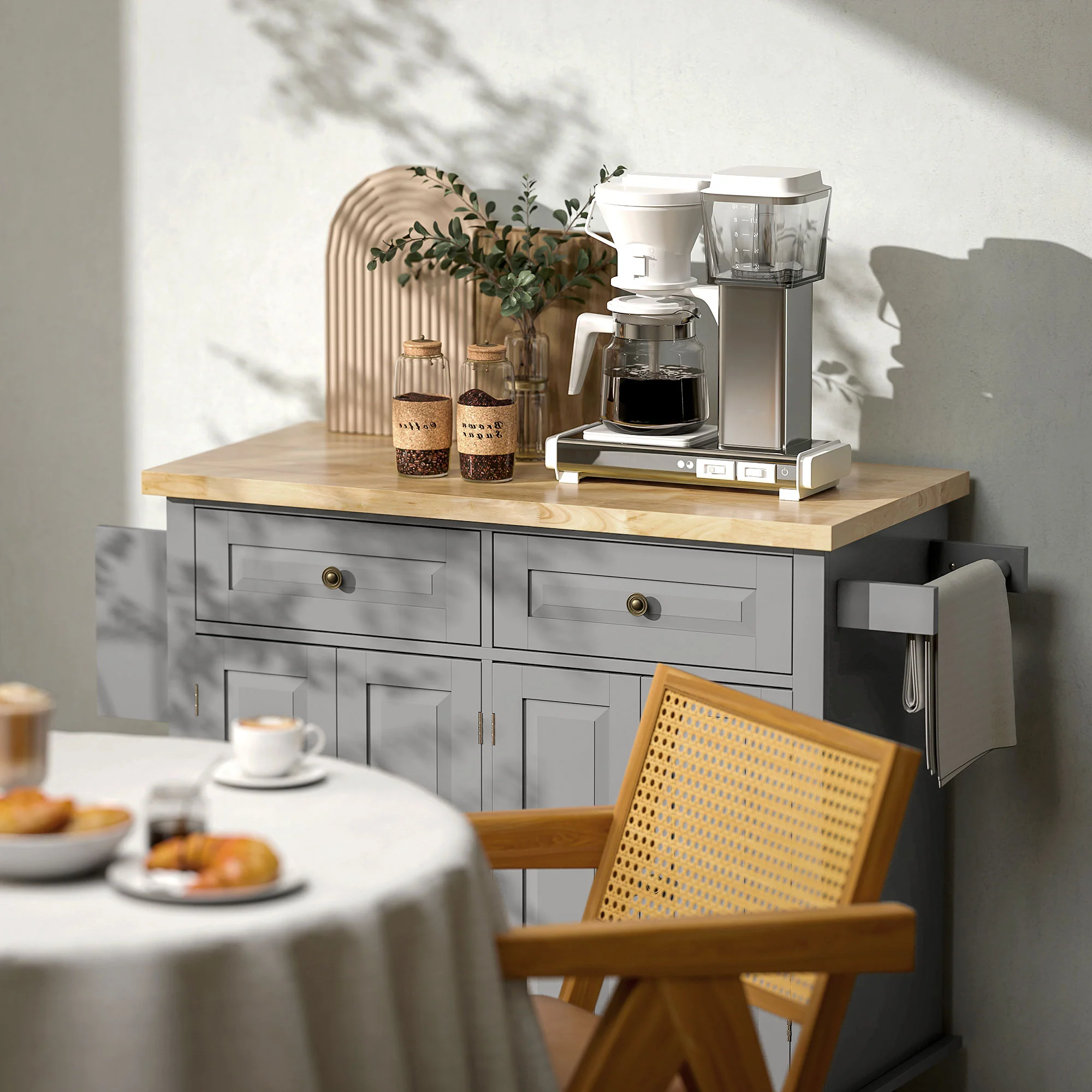 GlideSpace Rolling Kitchen Island Storage Trolley with Rubber Wood Top for Dining Room, Gray - Image 11