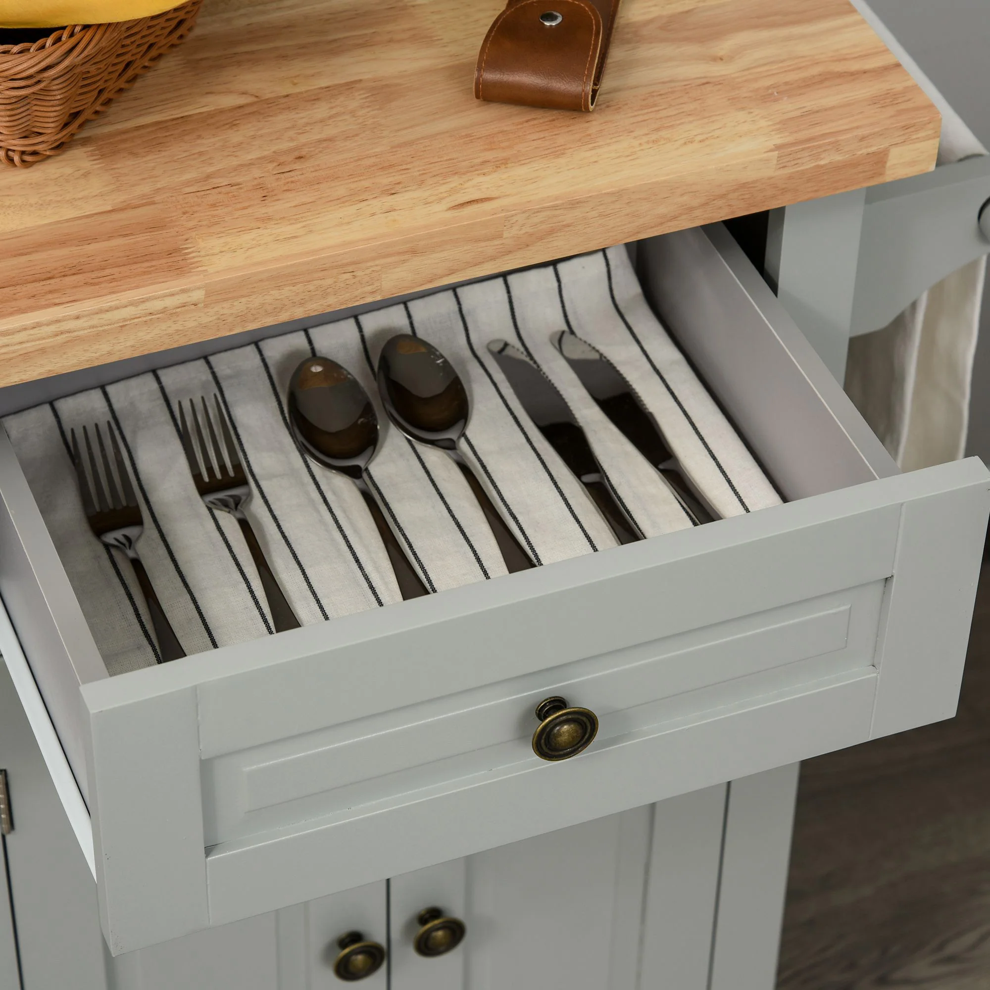 GlideSpace Rolling Kitchen Island Storage Trolley with Rubber Wood Top for Dining Room, Gray - Image 13