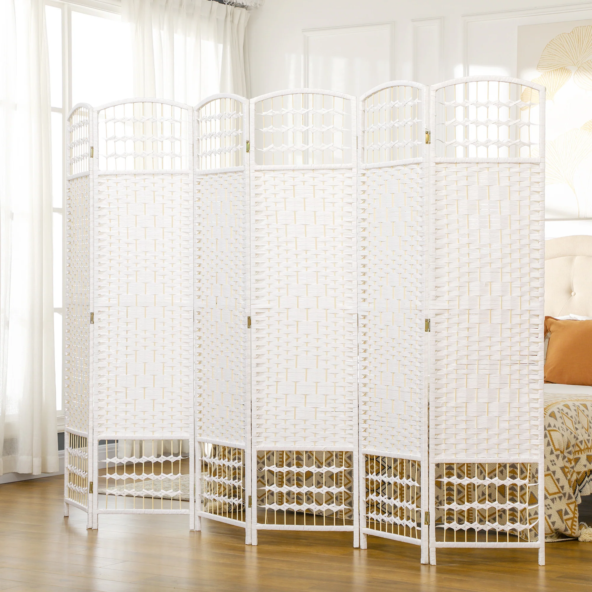 6 Panel Folding Room Divider, Portable Privacy Screen, Wave Fiber, White - Image 3