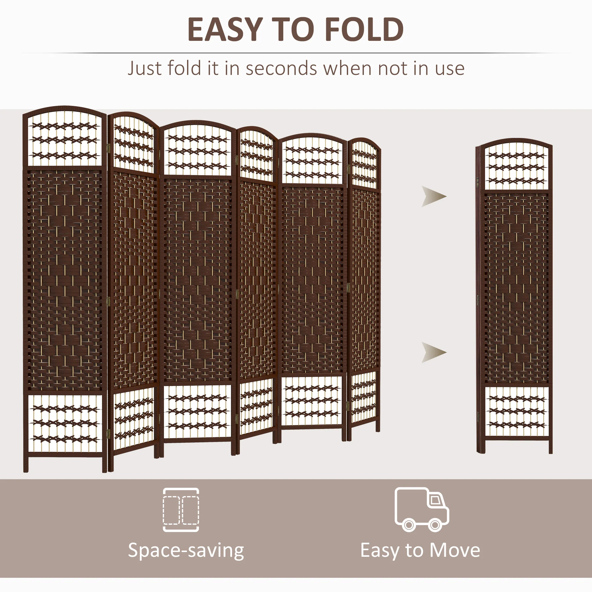 6 Panel Folding Room Divider, Portable Privacy Screen, Wave Fiber, Brown - Image 6