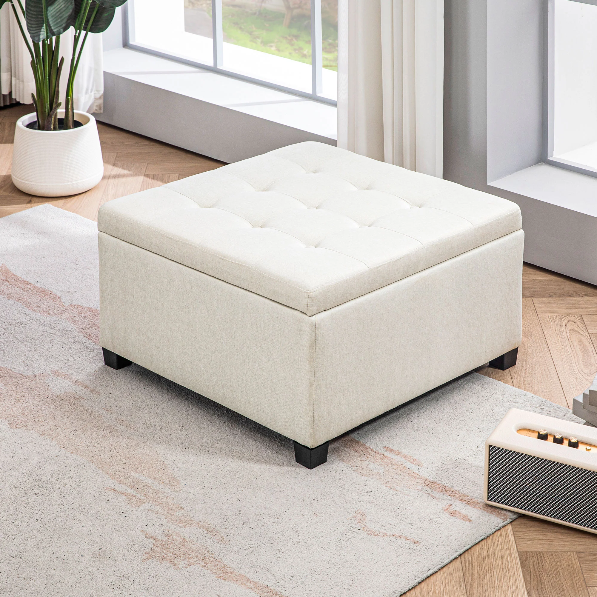Round Storage Ottoman Bench, Button Tufted Ottoman with Flip Top for Entryway, Beige - Image 10