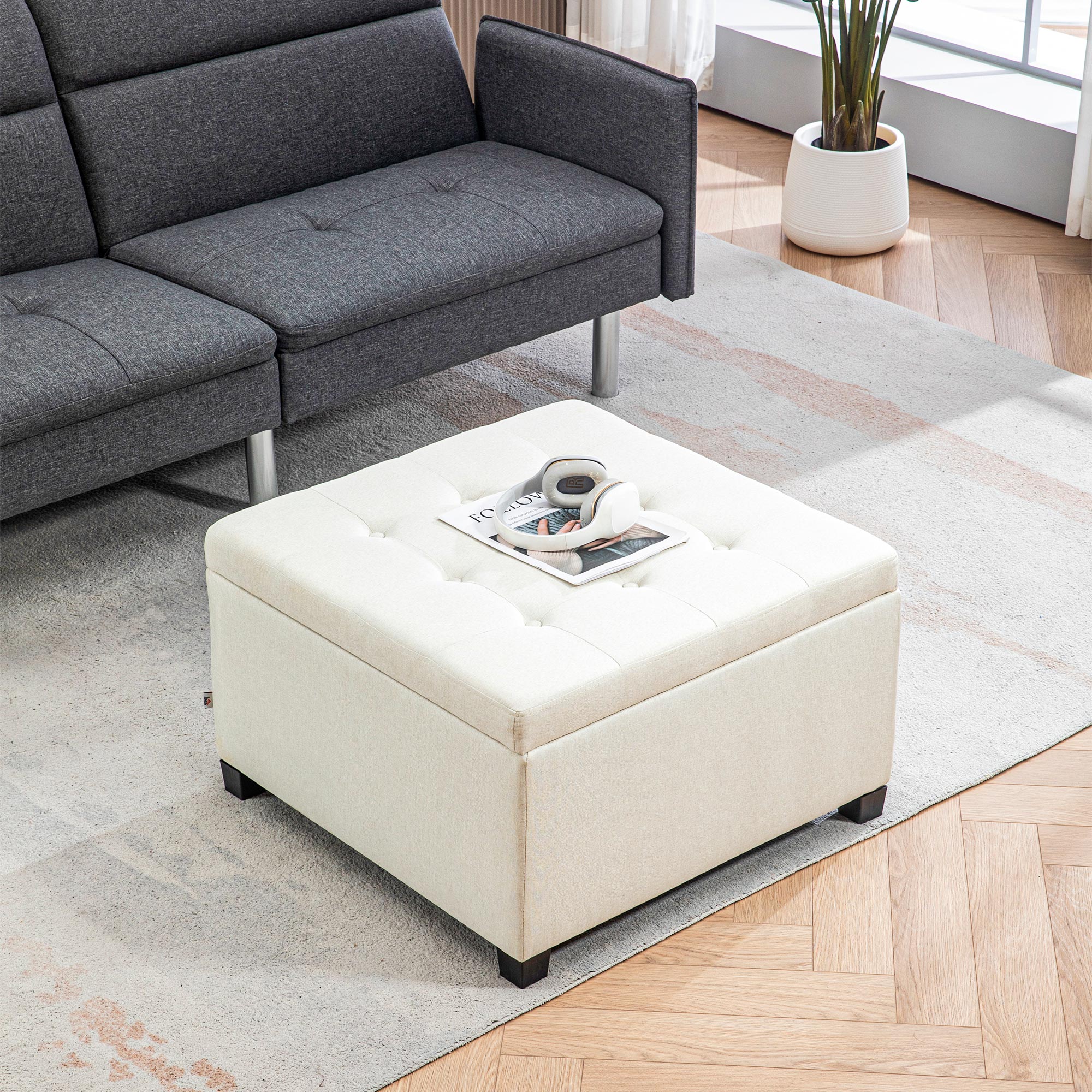 Round Storage Ottoman Bench, Button Tufted Ottoman with Flip Top for Entryway, Beige - Image 4