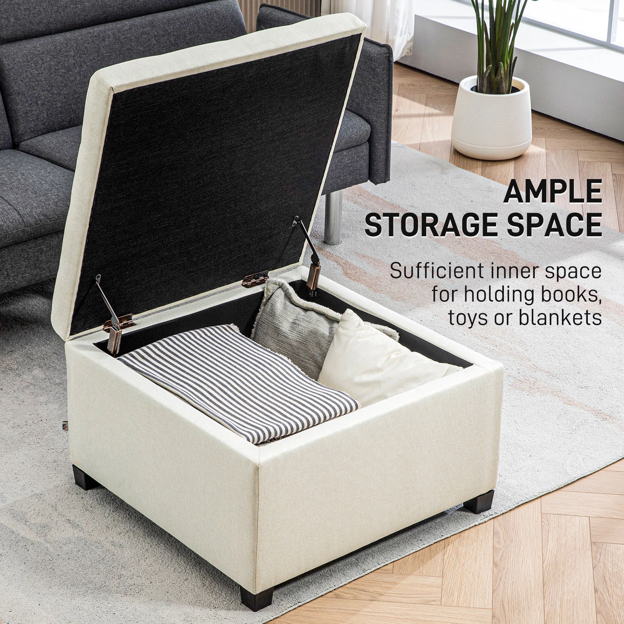 Round Storage Ottoman Bench, Button Tufted Ottoman with Flip Top for Entryway, Beige - Image 6
