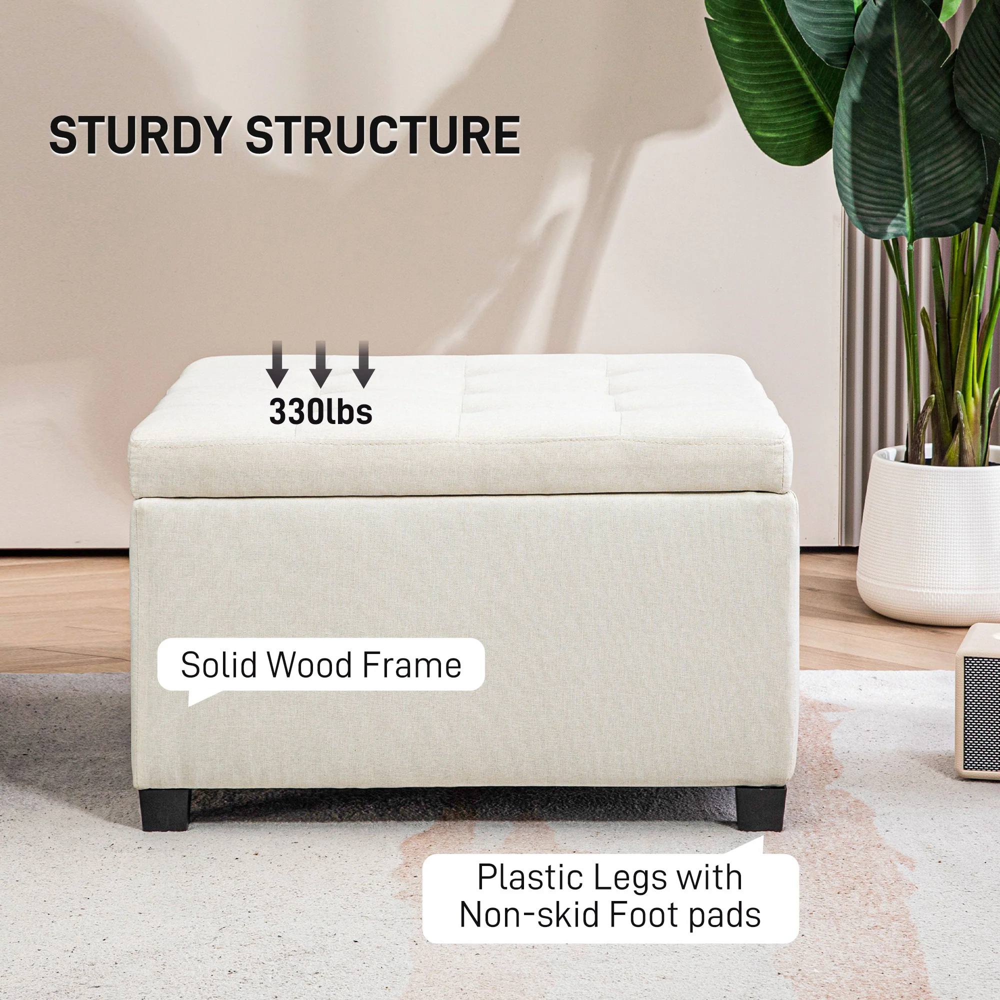 Round Storage Ottoman Bench, Button Tufted Ottoman with Flip Top for Entryway, Beige - Image 9