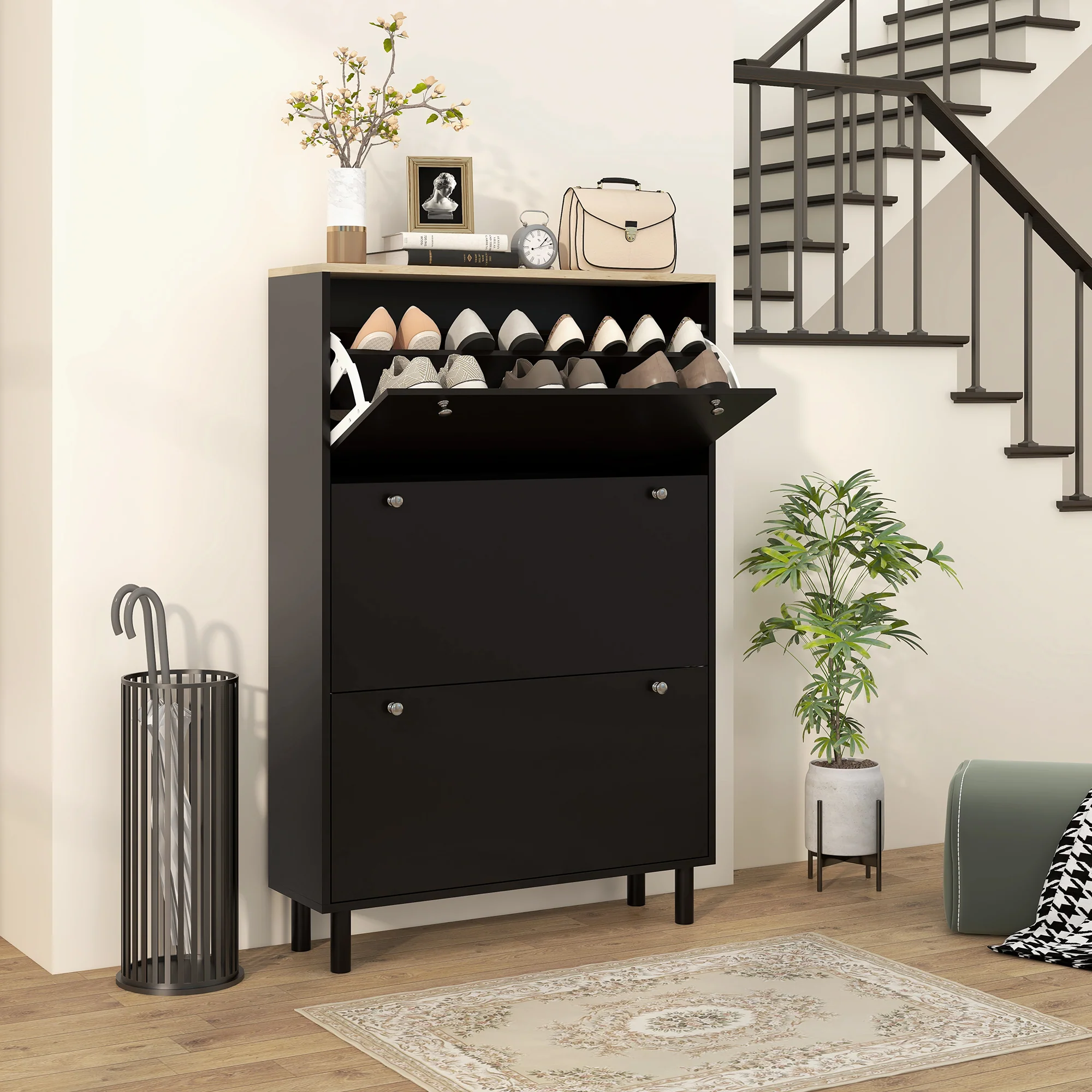 Narrow Shoe Storage Cabinet with 3 Flip Drawers & Adjustable Shelves for 24 Pairs, Black - Image 3
