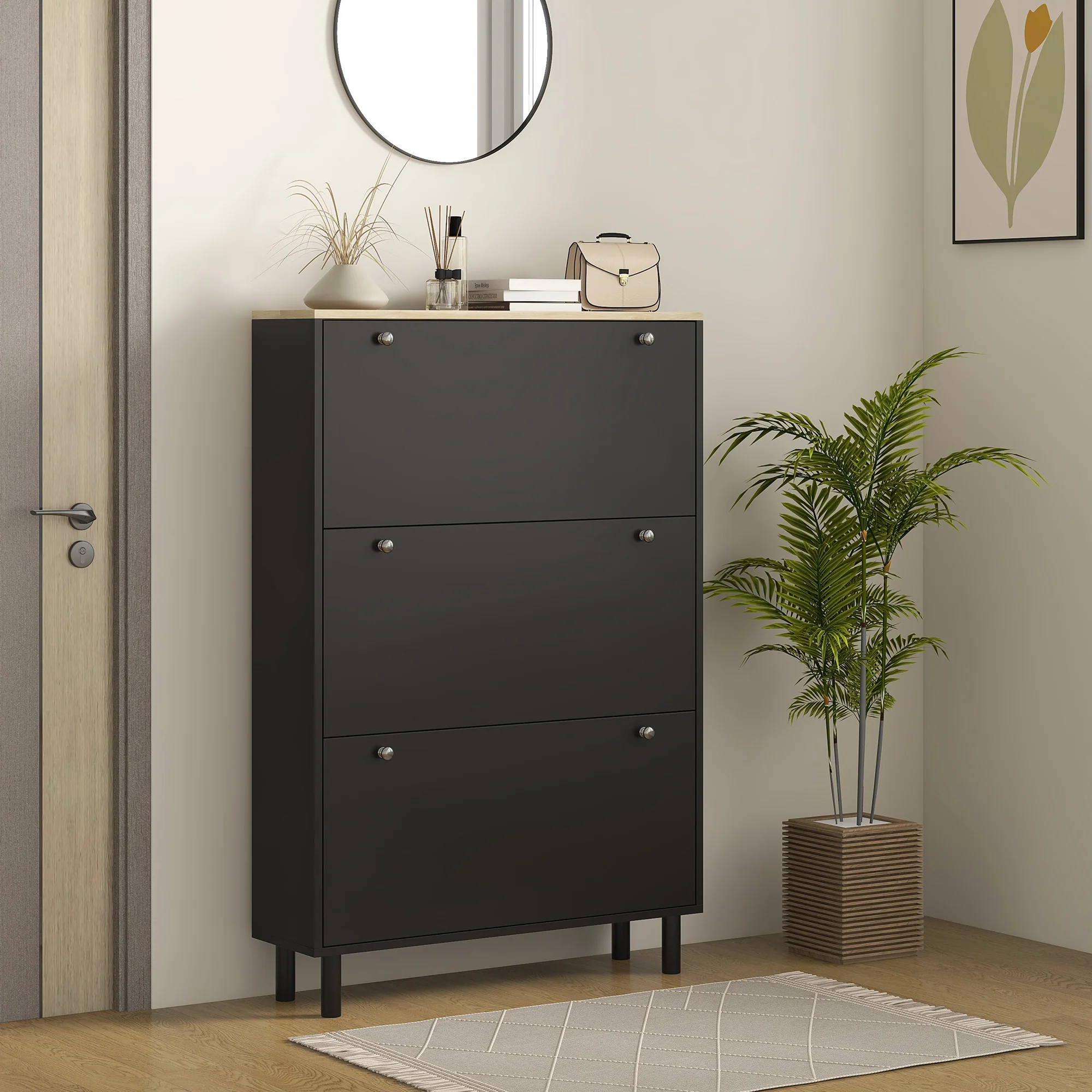 Narrow Shoe Storage Cabinet with 3 Flip Drawers & Adjustable Shelves for 24 Pairs, Black - Image 4