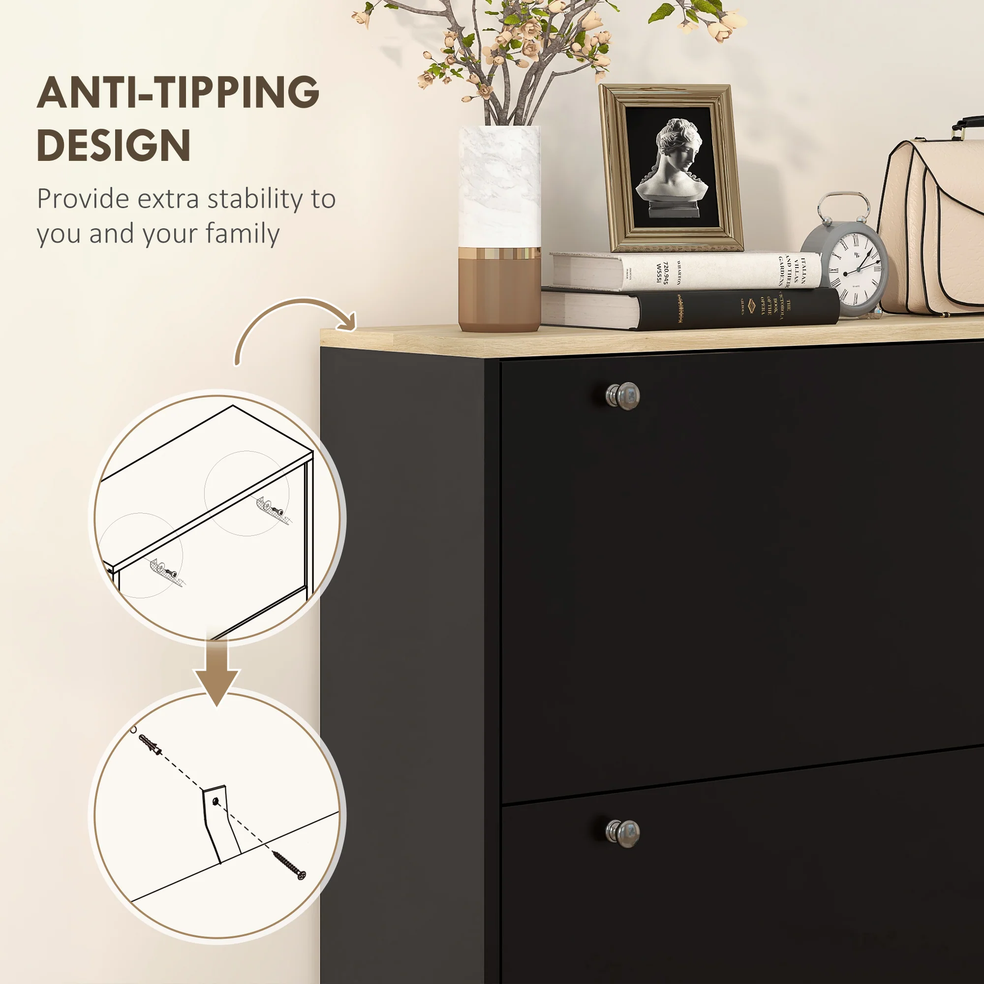 Narrow Shoe Storage Cabinet with 3 Flip Drawers & Adjustable Shelves for 24 Pairs, Black - Image 9