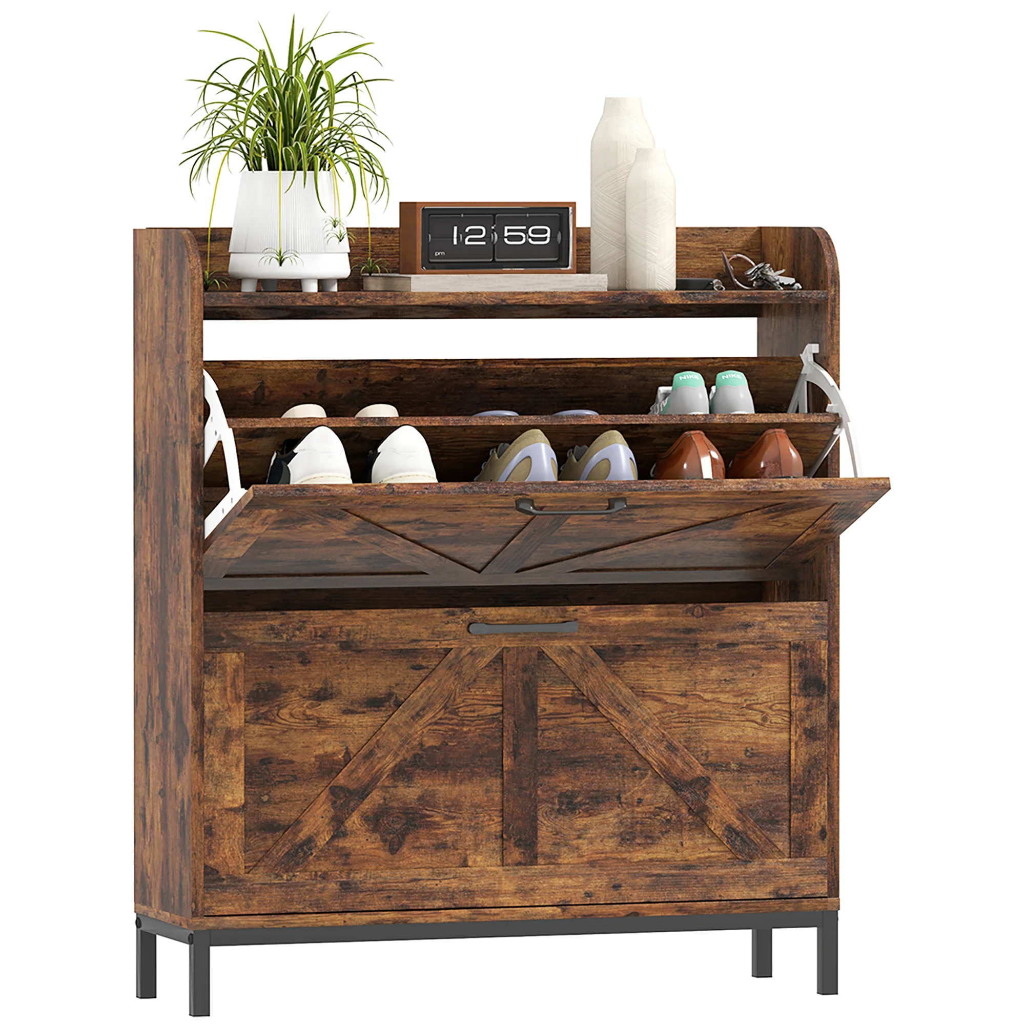 Farmhouse Freestanding Narrow Shoe Storage Cabinet w/2 Flip Drawers, Legs, Rustic Brown Wood Grain