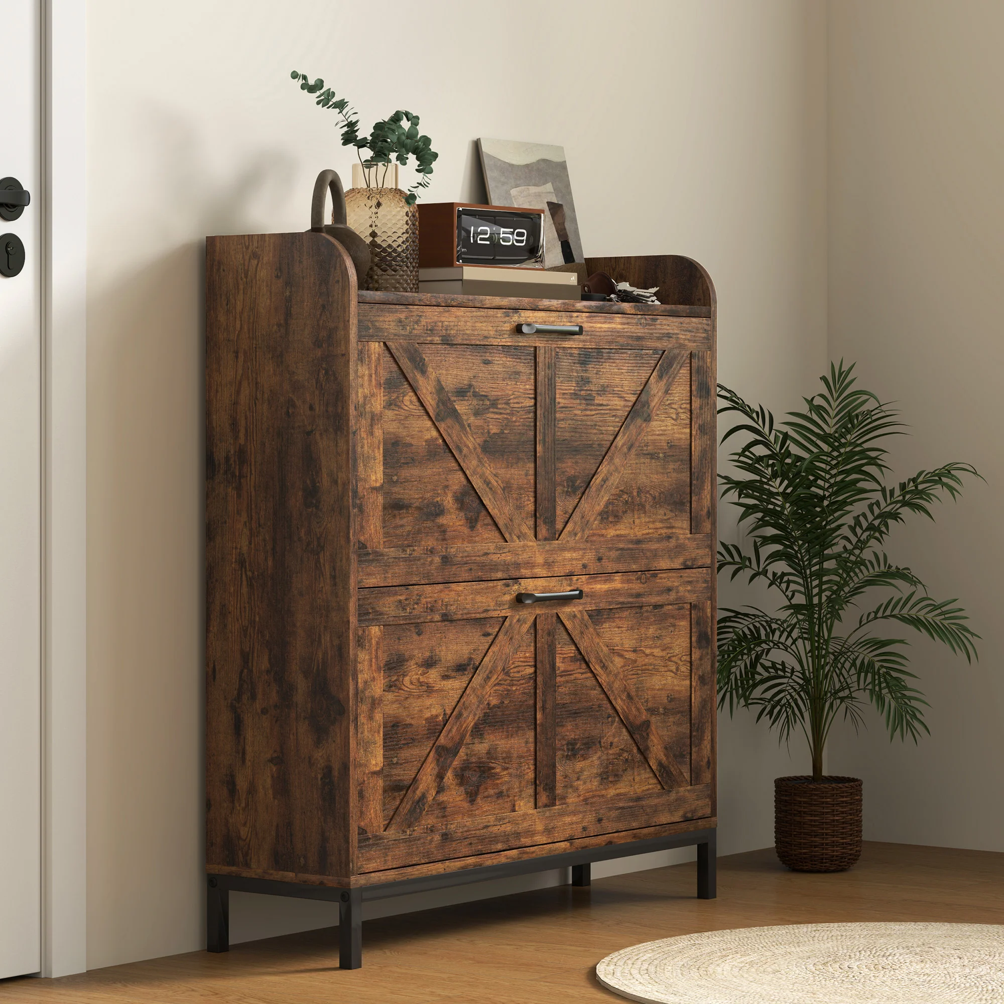 Farmhouse Freestanding Narrow Shoe Storage Cabinet w/2 Flip Drawers, Legs, Rustic Brown Wood Grain - Image 10