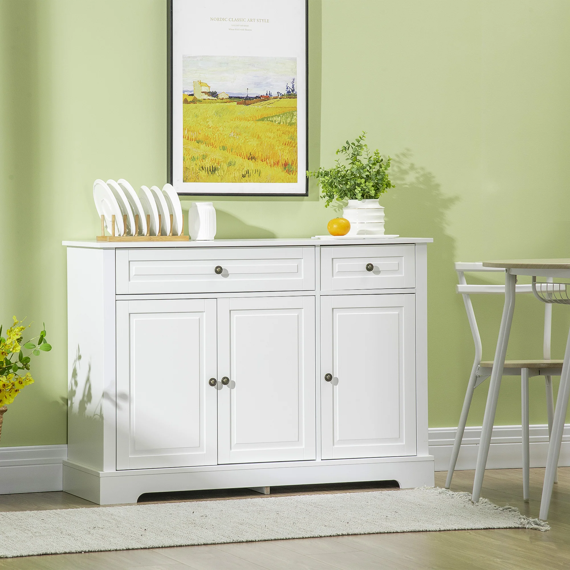 Kitchen Sideboard Buffet Cabinet with 2 Drawers and Adjustable Shelves, White - Image 3