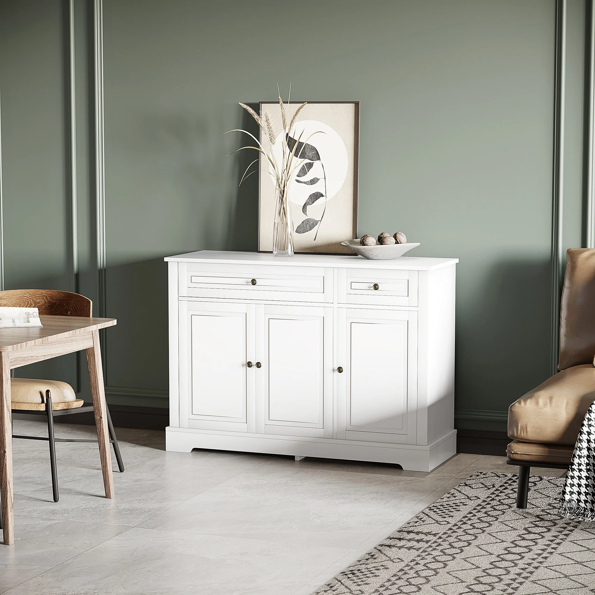 Kitchen Sideboard Buffet Cabinet with 2 Drawers and Adjustable Shelves, White - Image 4