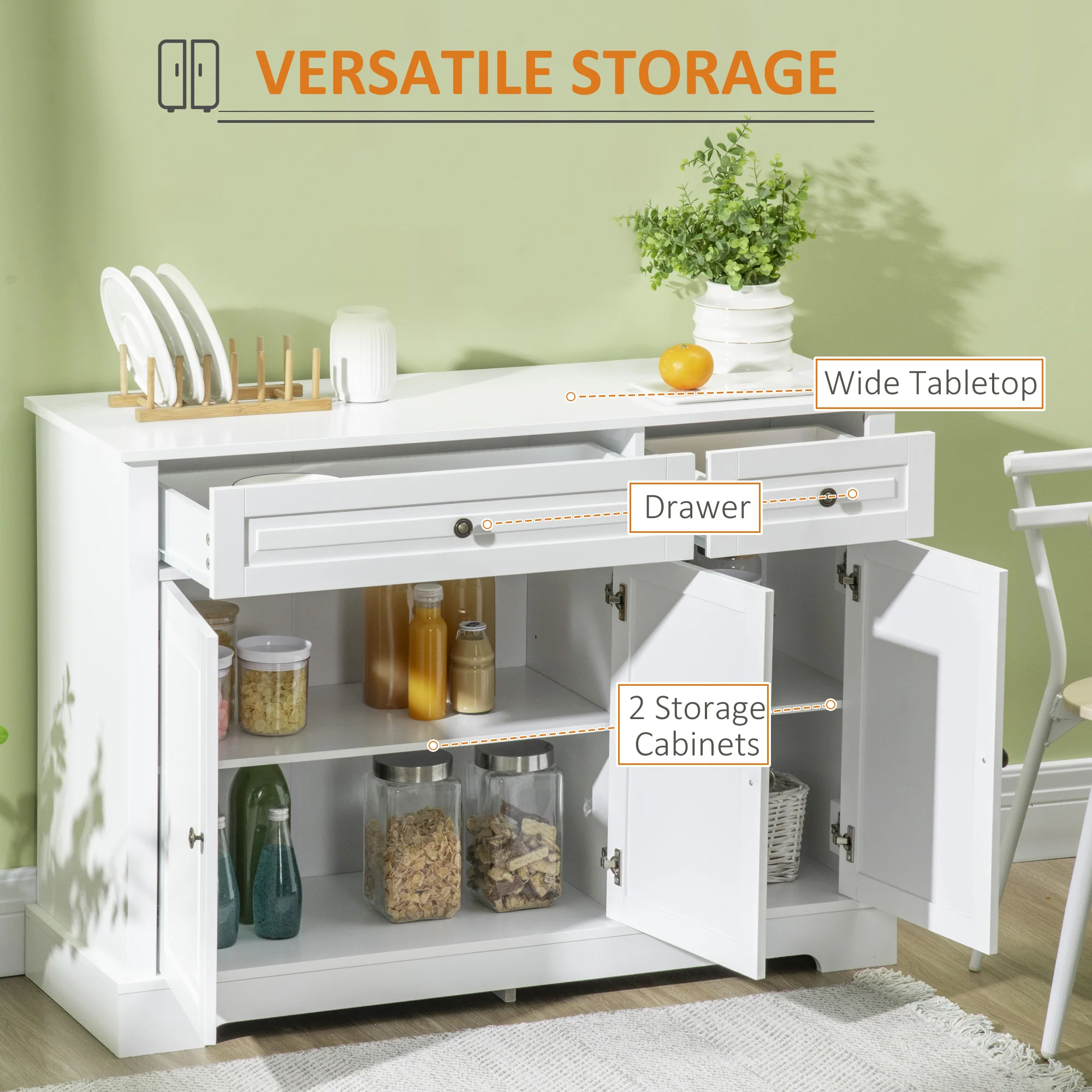 Kitchen Sideboard Buffet Cabinet with 2 Drawers and Adjustable Shelves, White - Image 6