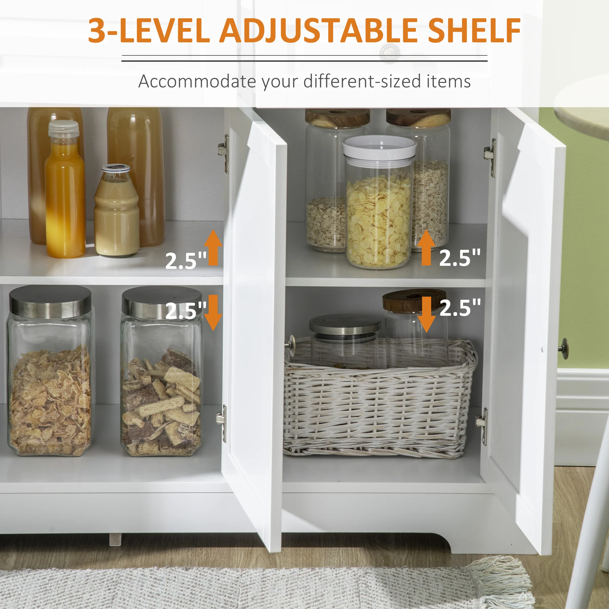 Kitchen Sideboard Buffet Cabinet with 2 Drawers and Adjustable Shelves, White - Image 7
