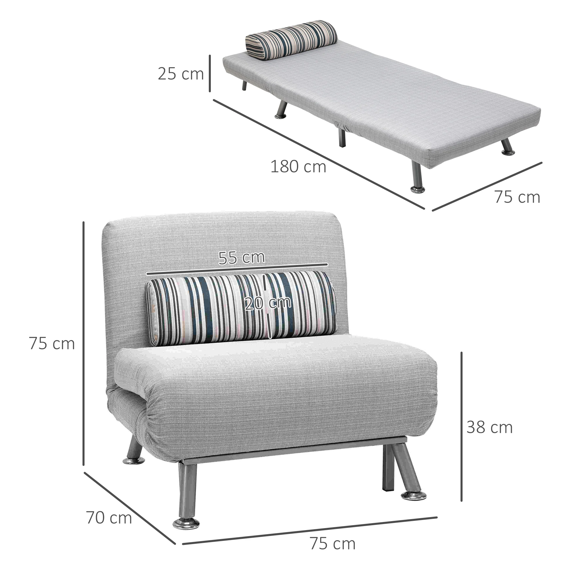 Single Sofa Bed, Foldable Lounge Sleeper Sofa with Adjustable Backrest, Pillow, Light Grey - Image 5