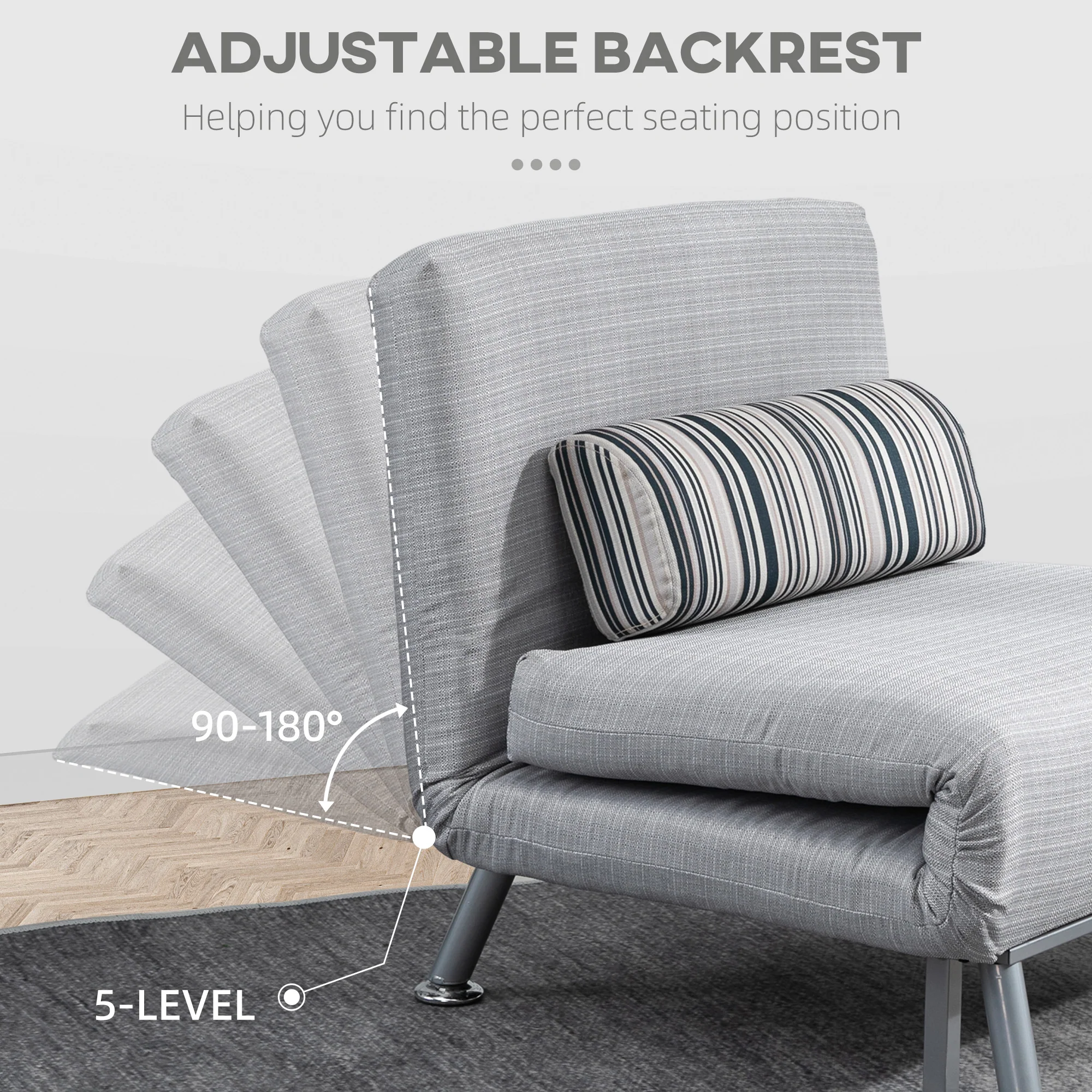 Single Sofa Bed, Foldable Lounge Sleeper Sofa with Adjustable Backrest, Pillow, Light Grey - Image 6