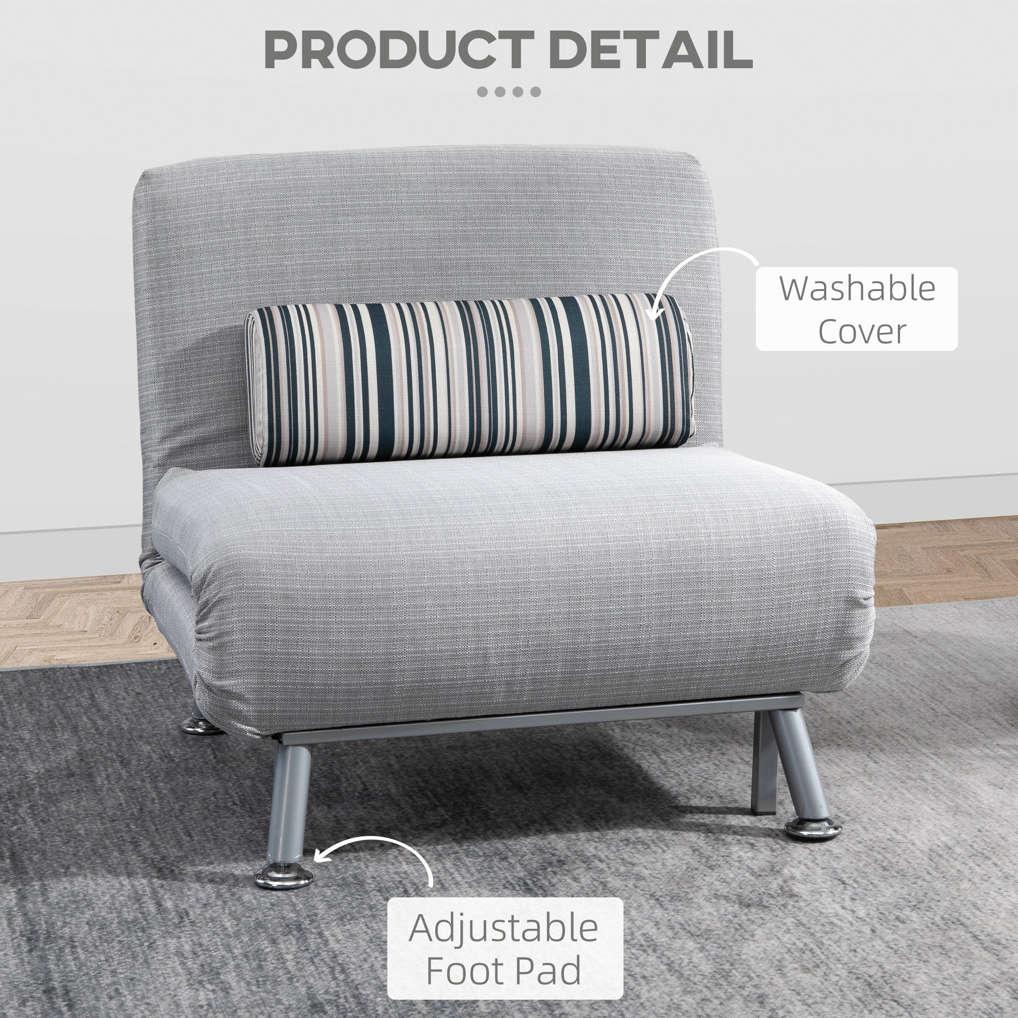 Single Sofa Bed, Foldable Lounge Sleeper Sofa with Adjustable Backrest, Pillow, Light Grey - Image 7