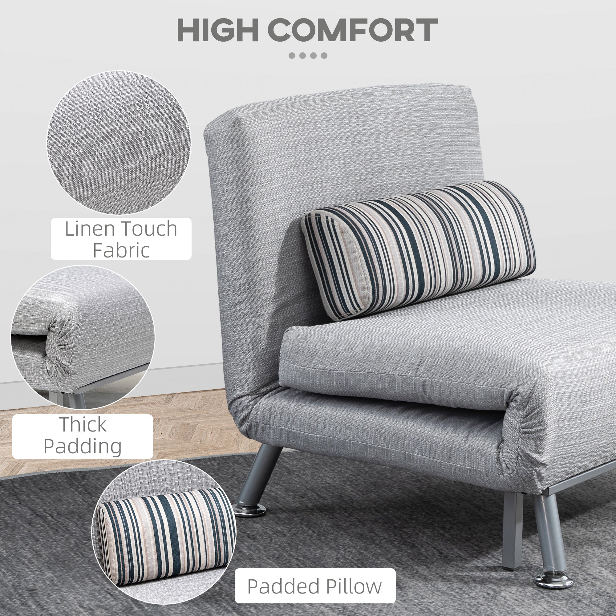Single Sofa Bed, Foldable Lounge Sleeper Sofa with Adjustable Backrest, Pillow, Light Grey - Image 9