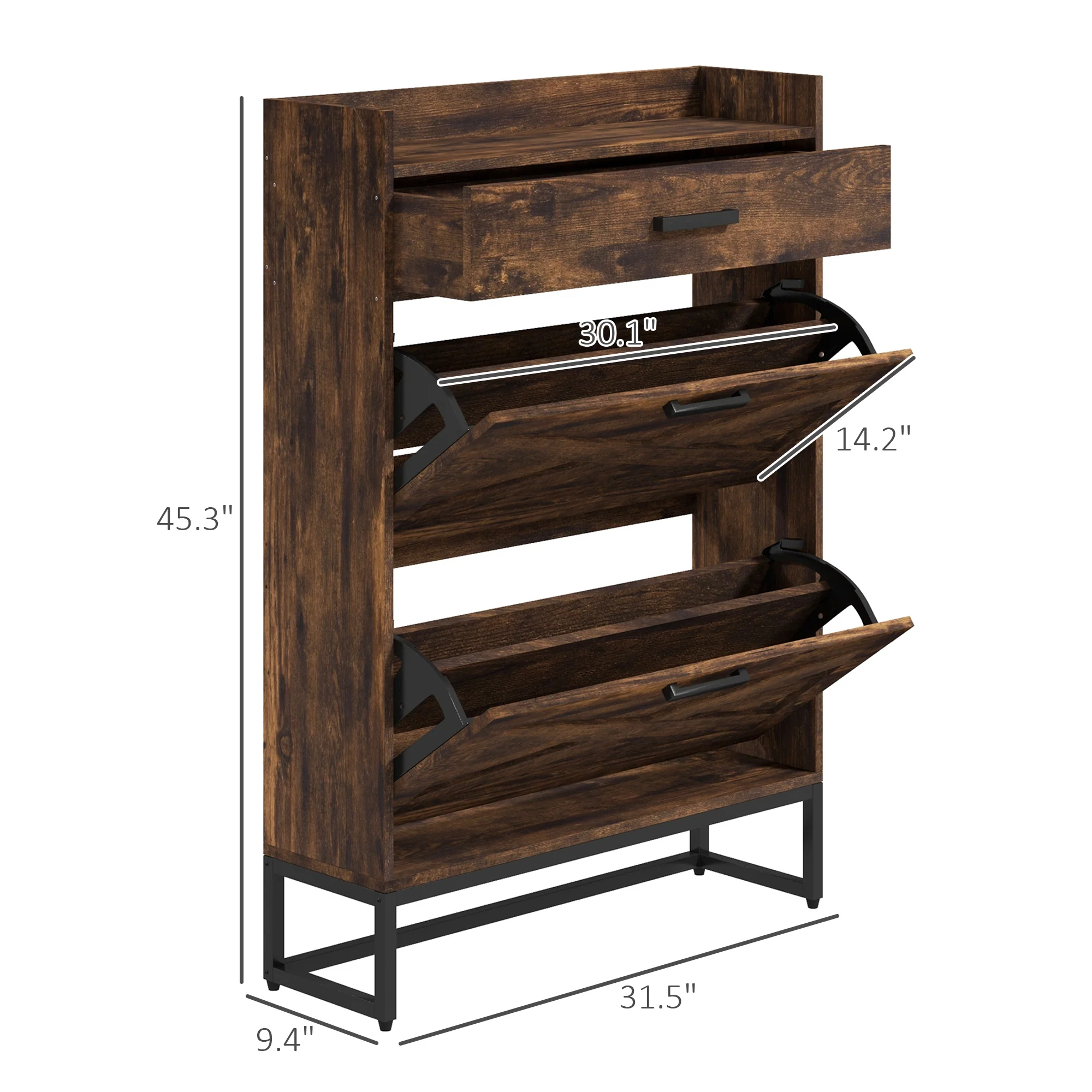 Slim Shoe Storage Cabinet w/ 2 Drawers & Adjustable Shelves for 12 Pairs, Rustic Brown - Image 5