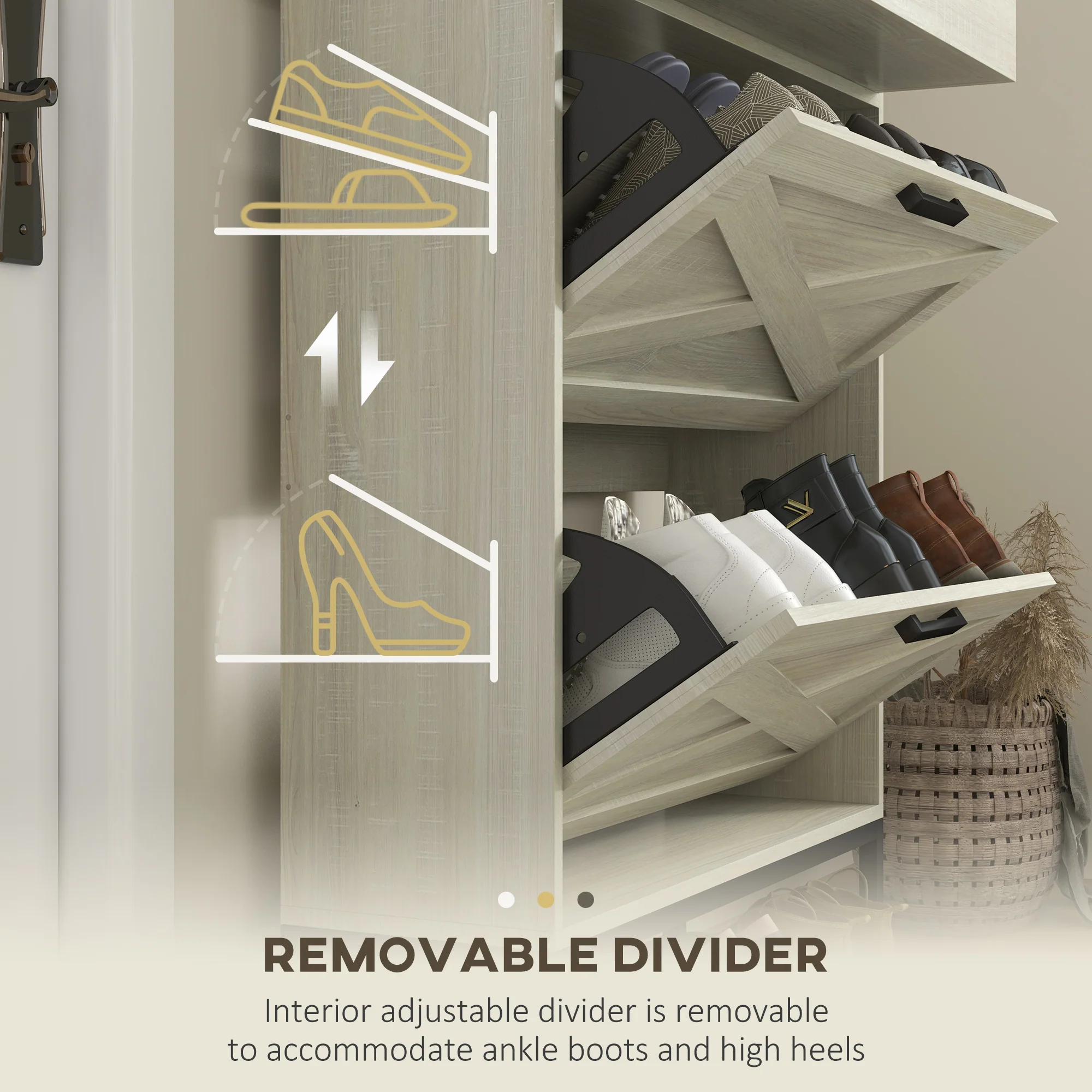 Slim Shoe Storage Cabinet w/ 2 Drawers & Adjustable Shelves for 12 Pairs, Distressed White - Image 8