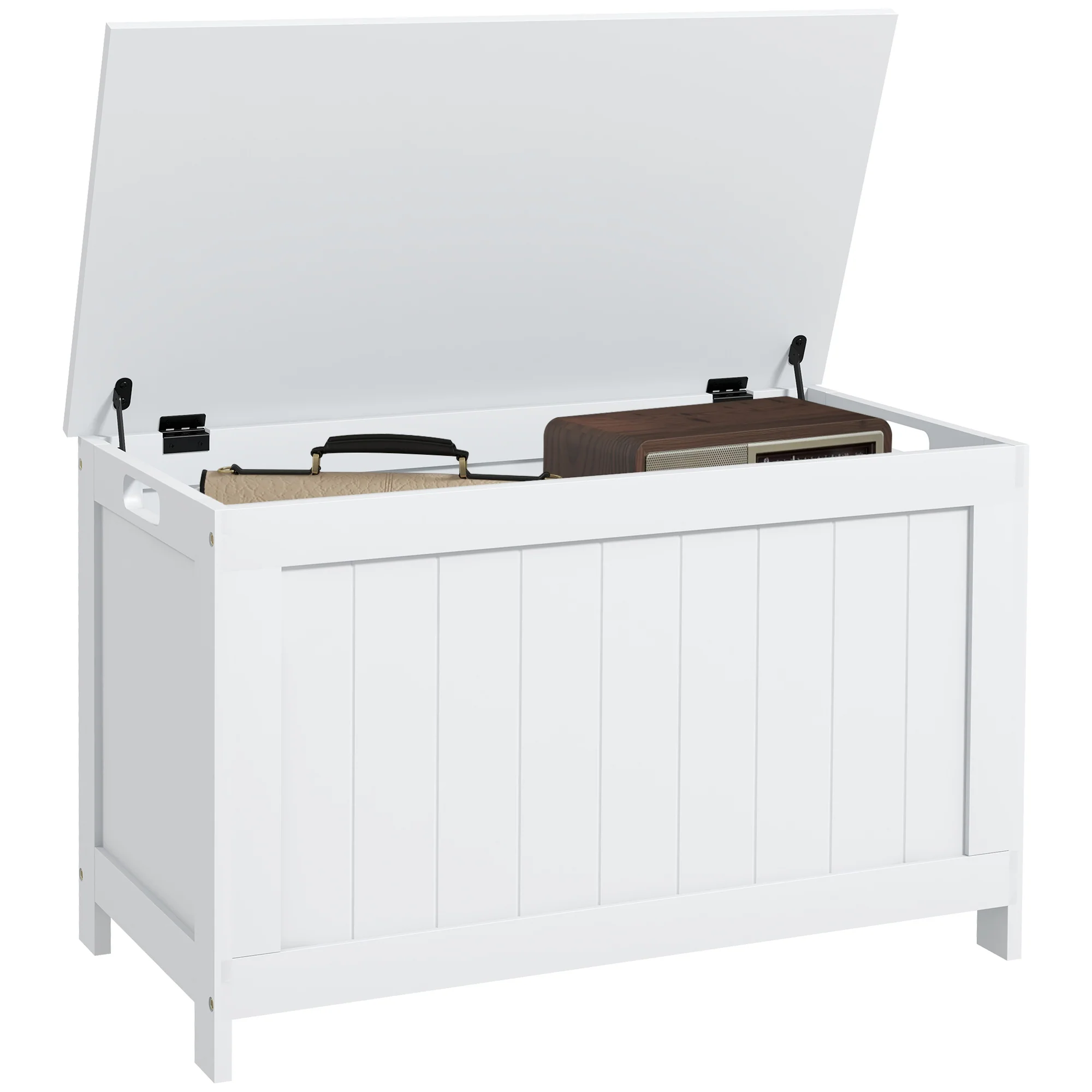 29.9" Storage Trunk w/ 2 Safety Hinges, Wooden Bench w/ Side Handles, White