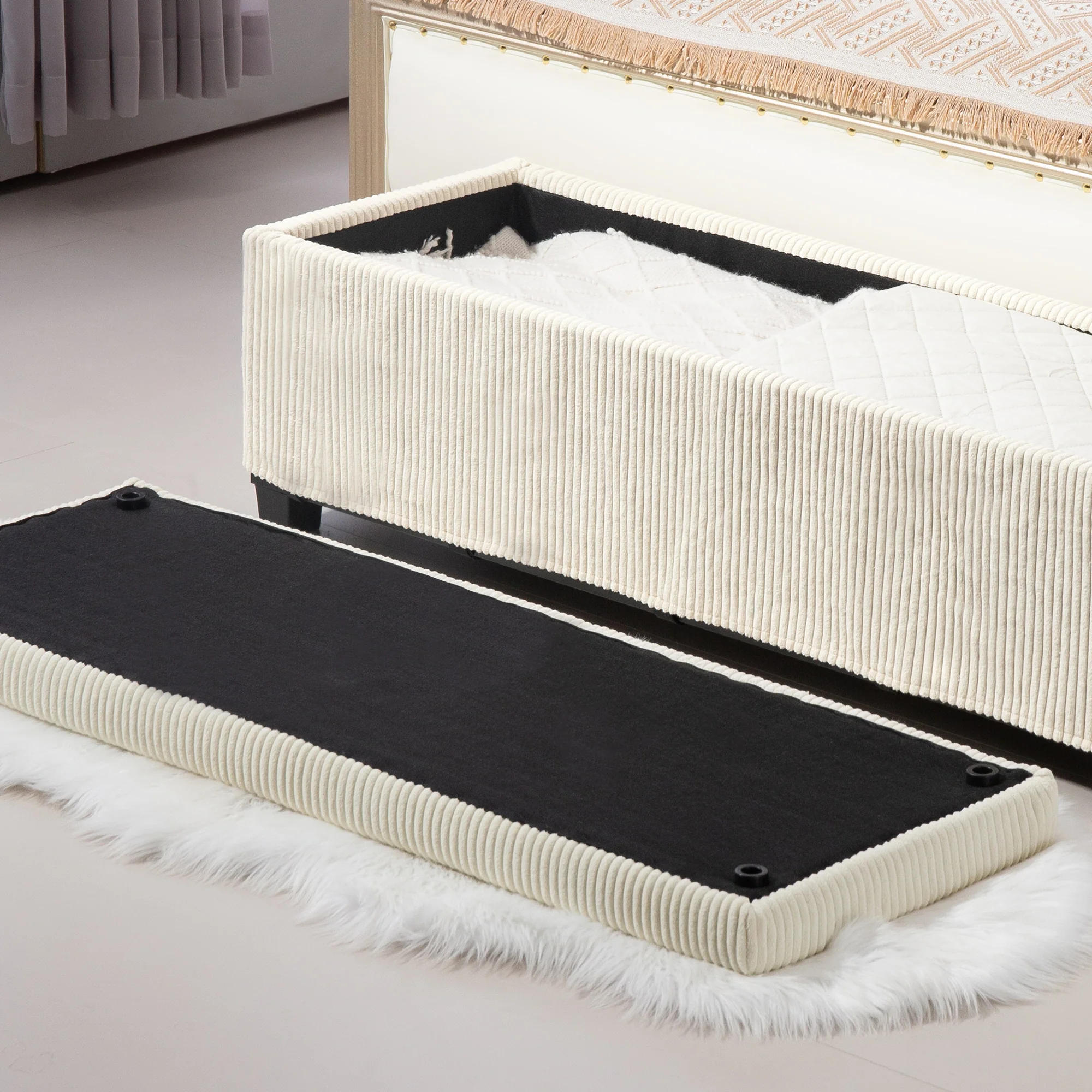 47" Storage Ottoman Bench with Removable Lid, End of Bed Bench, Corduroy Storage Chest, Beige - Image 11