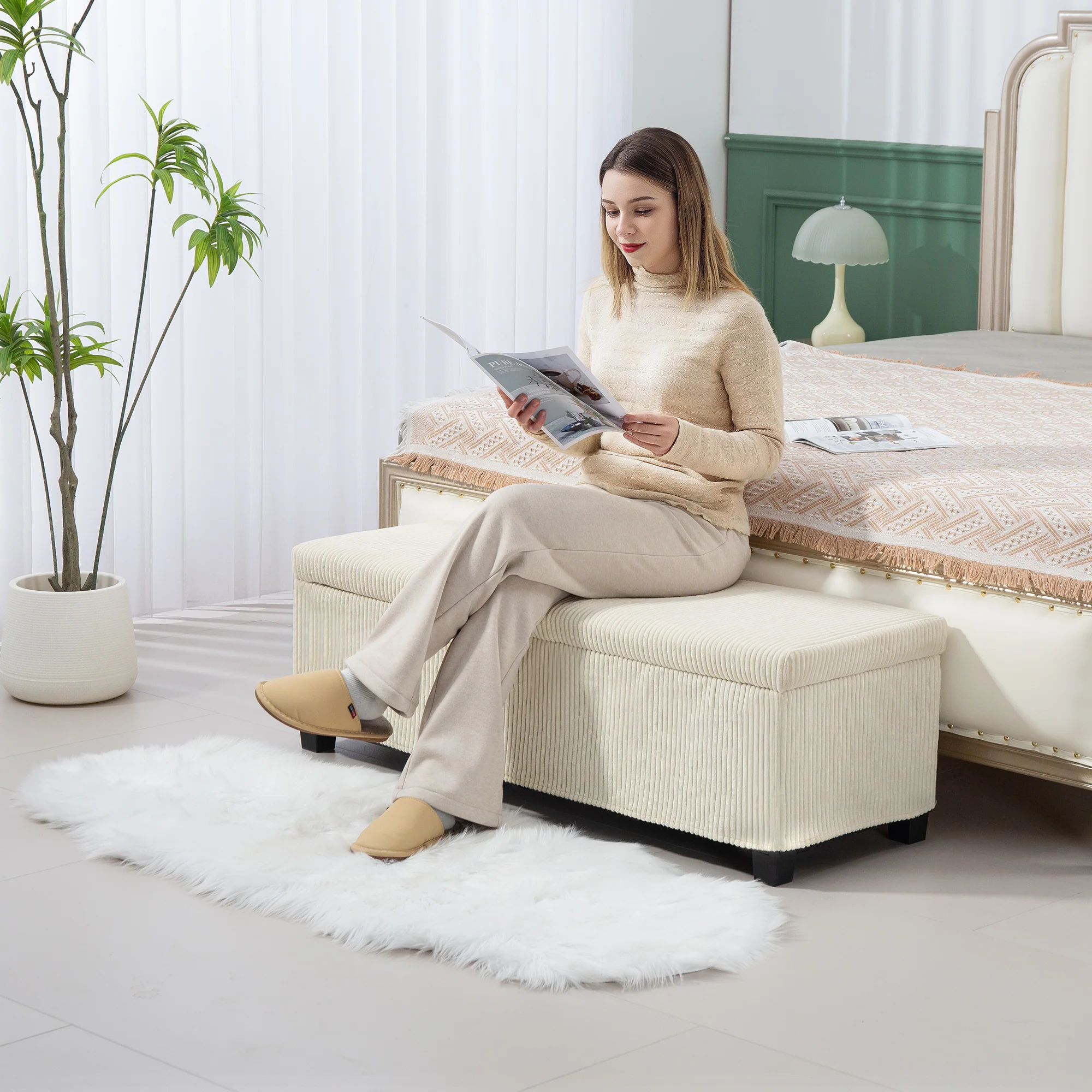 47" Storage Ottoman Bench with Removable Lid, End of Bed Bench, Corduroy Storage Chest, Beige - Image 3