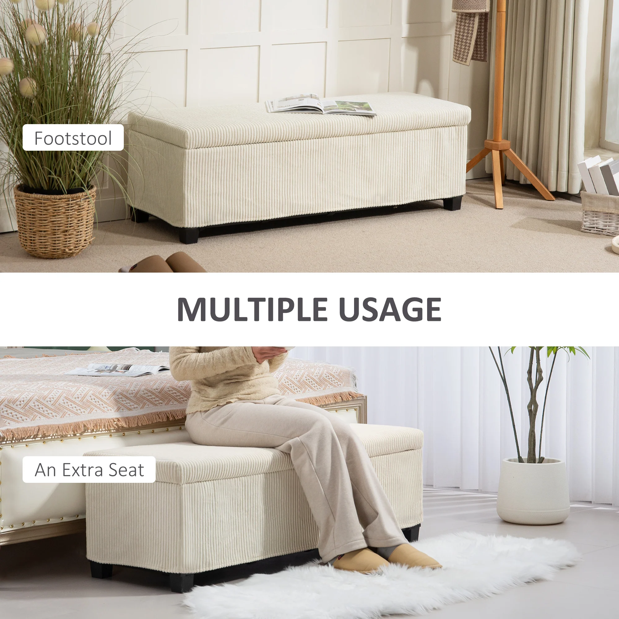 47" Storage Ottoman Bench with Removable Lid, End of Bed Bench, Corduroy Storage Chest, Beige - Image 8