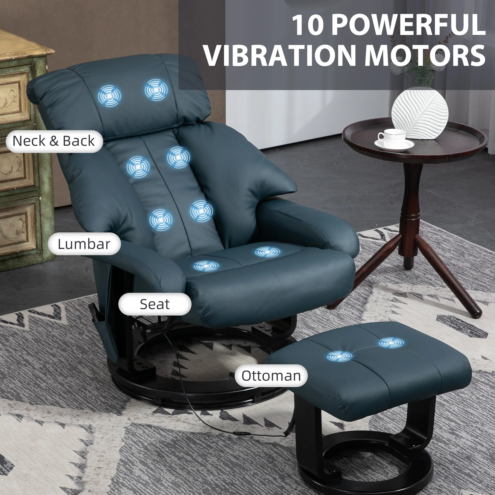 Swivel Recliner with Ottoman, Faux Leather Reclining Chair with Massage, Blue - Image 6