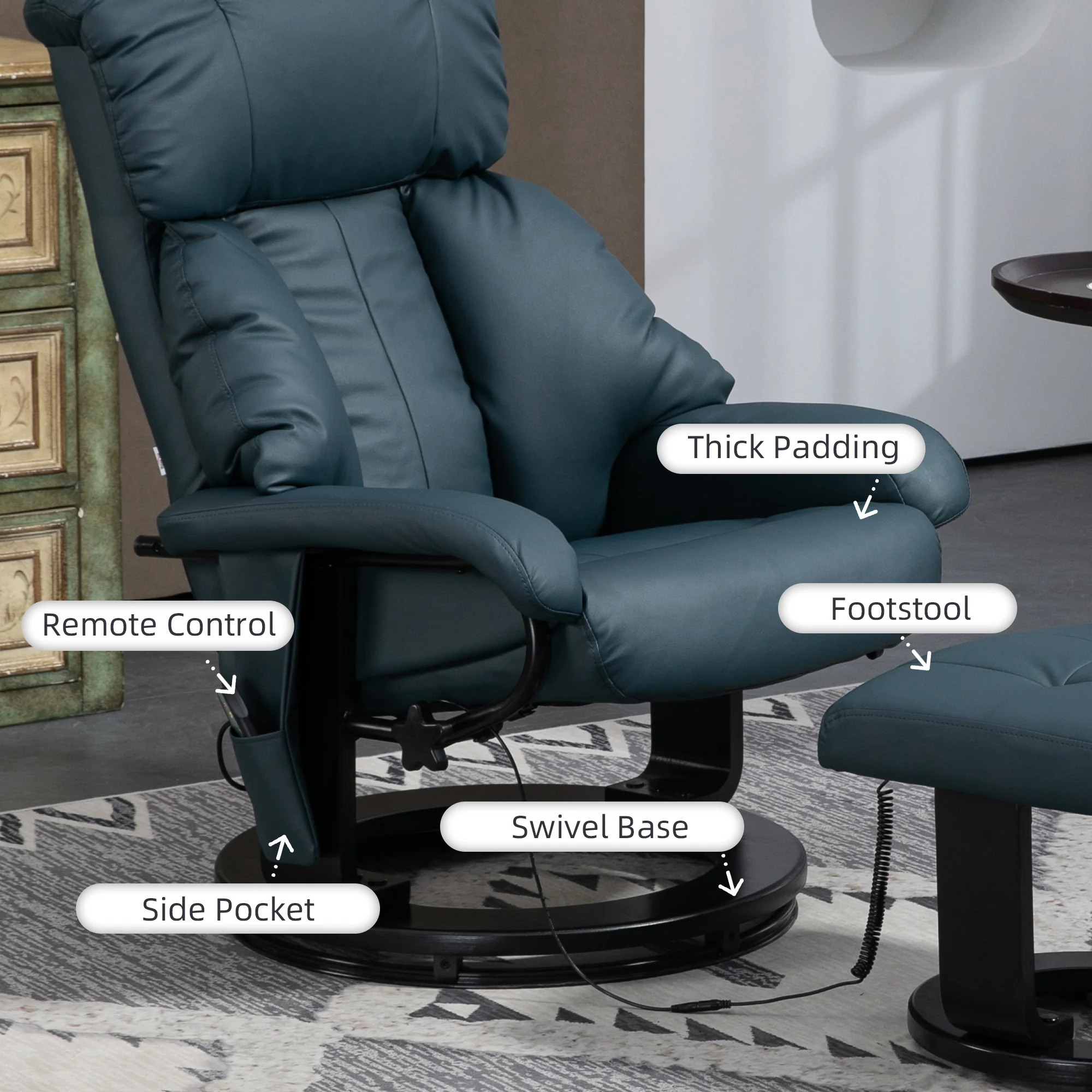Swivel Recliner with Ottoman, Faux Leather Reclining Chair with Massage, Blue - Image 8
