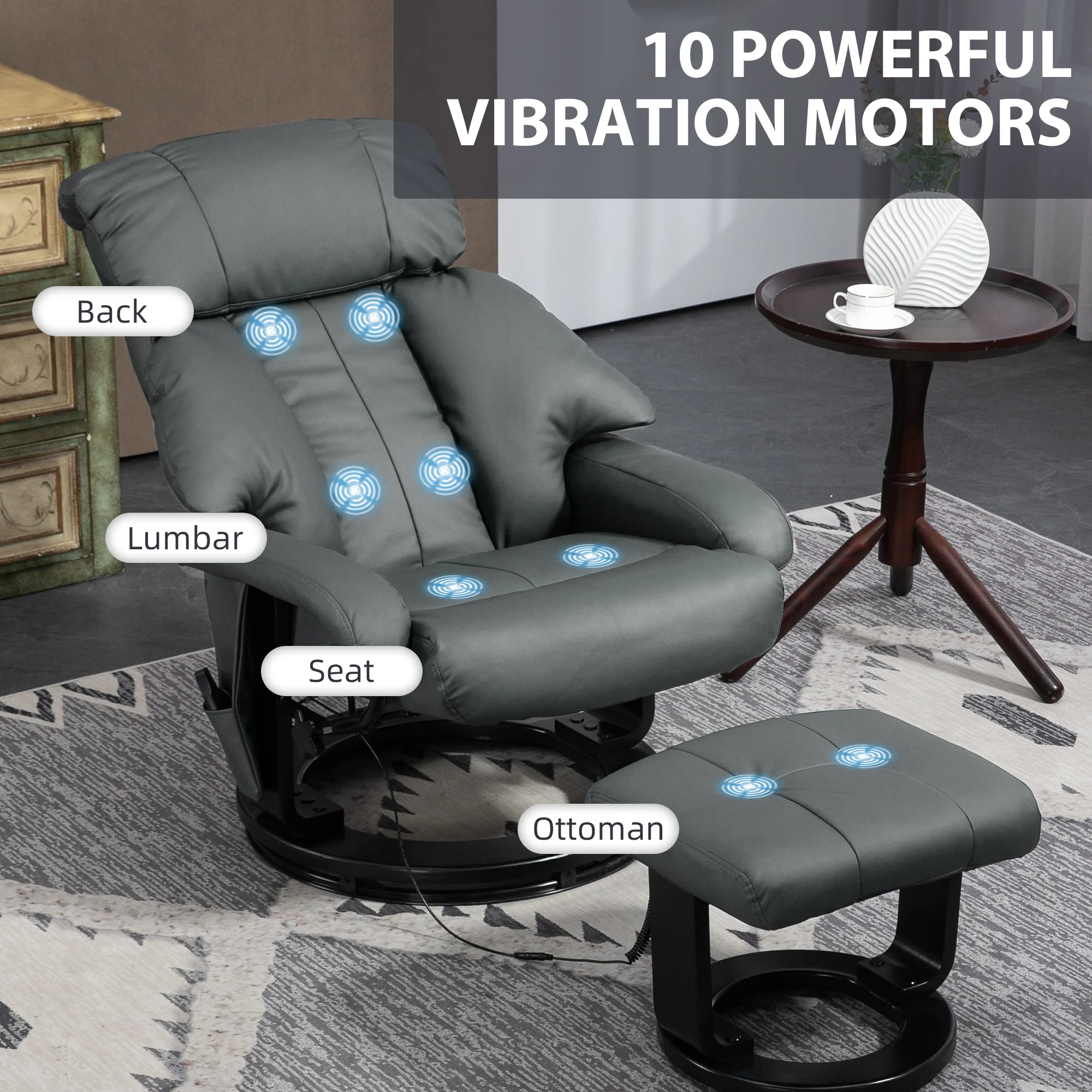 Swivel Recliner with Ottoman, Faux Leather Reclining Chair with Massage, Gray - Image 6