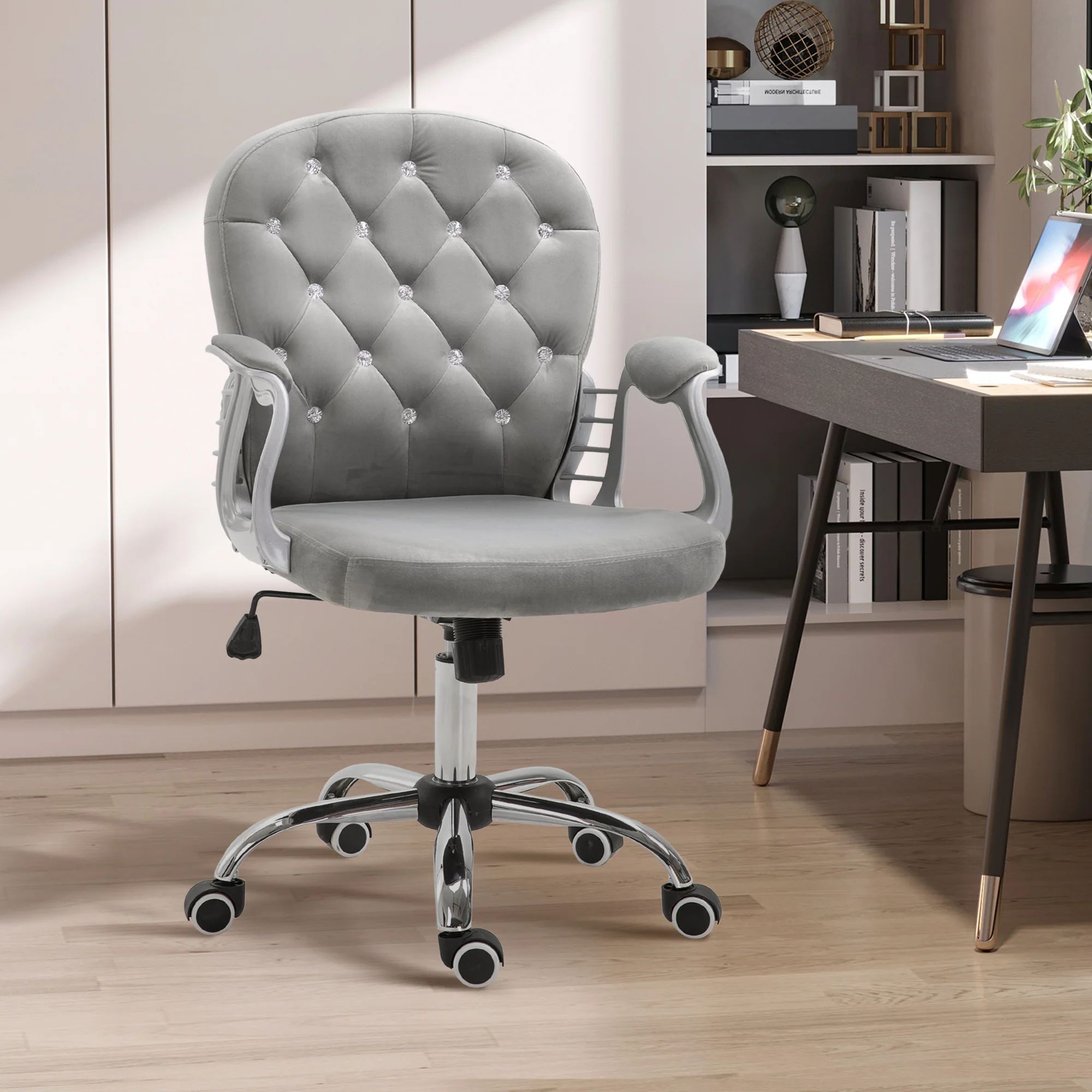Button Tufted Desk Chair with Padded Armrests, Adjustable Height & Swivel Wheels, Gray - Image 4