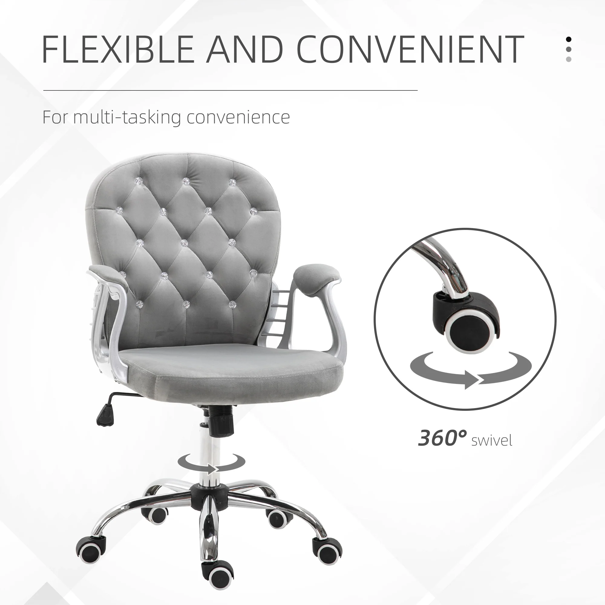 Button Tufted Desk Chair with Padded Armrests, Adjustable Height & Swivel Wheels, Gray - Image 9