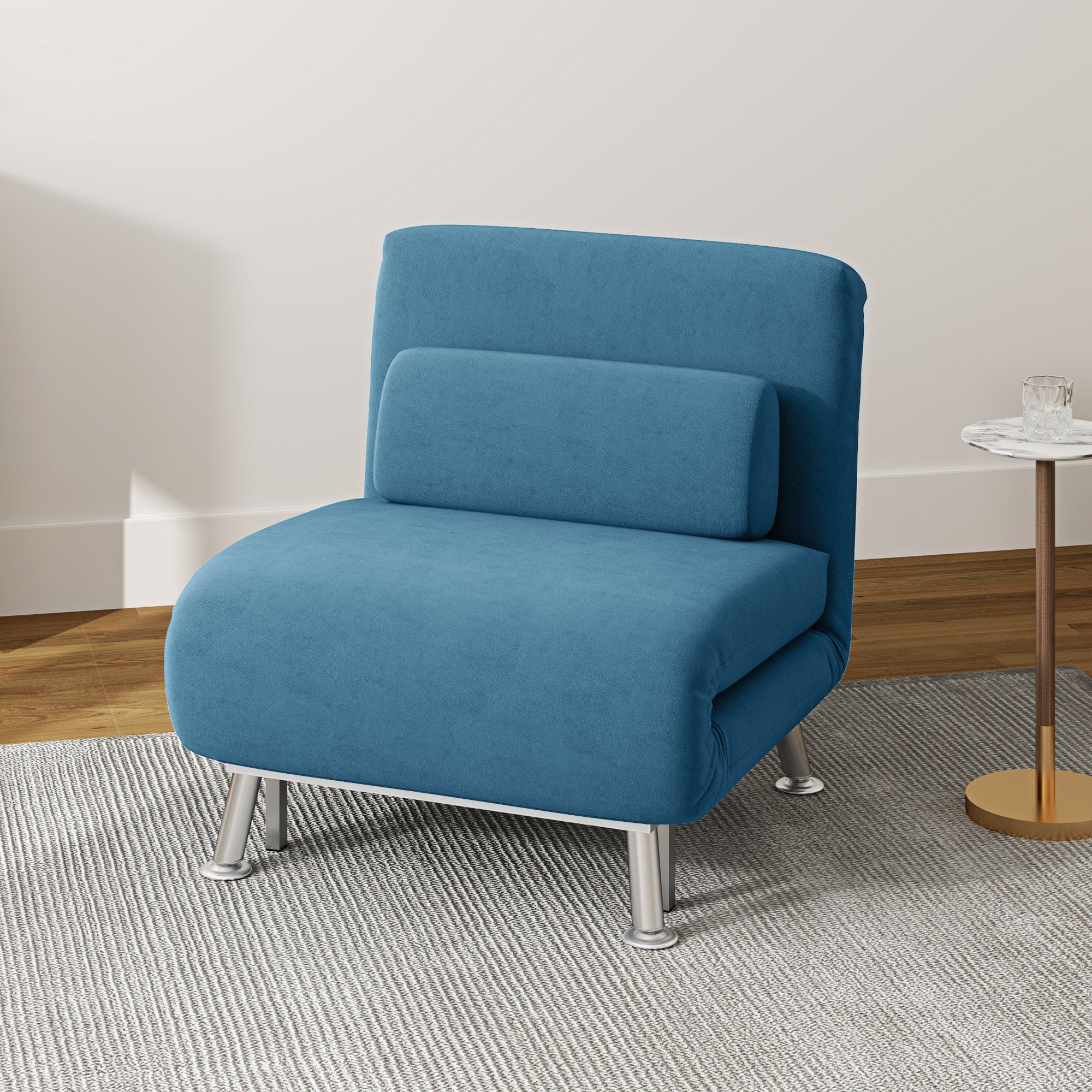Velvet Single Chair Bed, 3-in-1 Convertible Sleeper Chair with Adjustable Backrest, Blue - Image 3