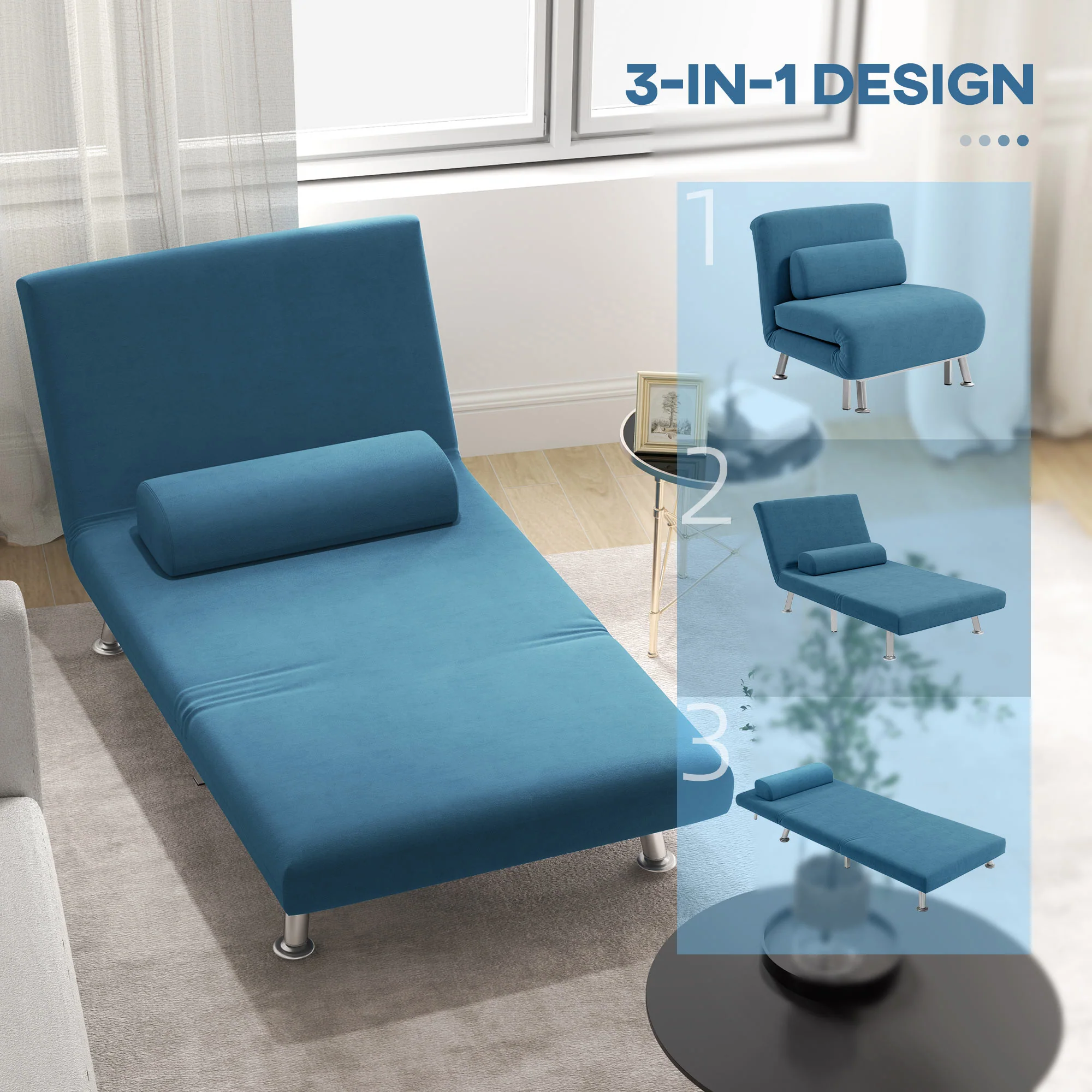Velvet Single Chair Bed, 3-in-1 Convertible Sleeper Chair with Adjustable Backrest, Blue - Image 6
