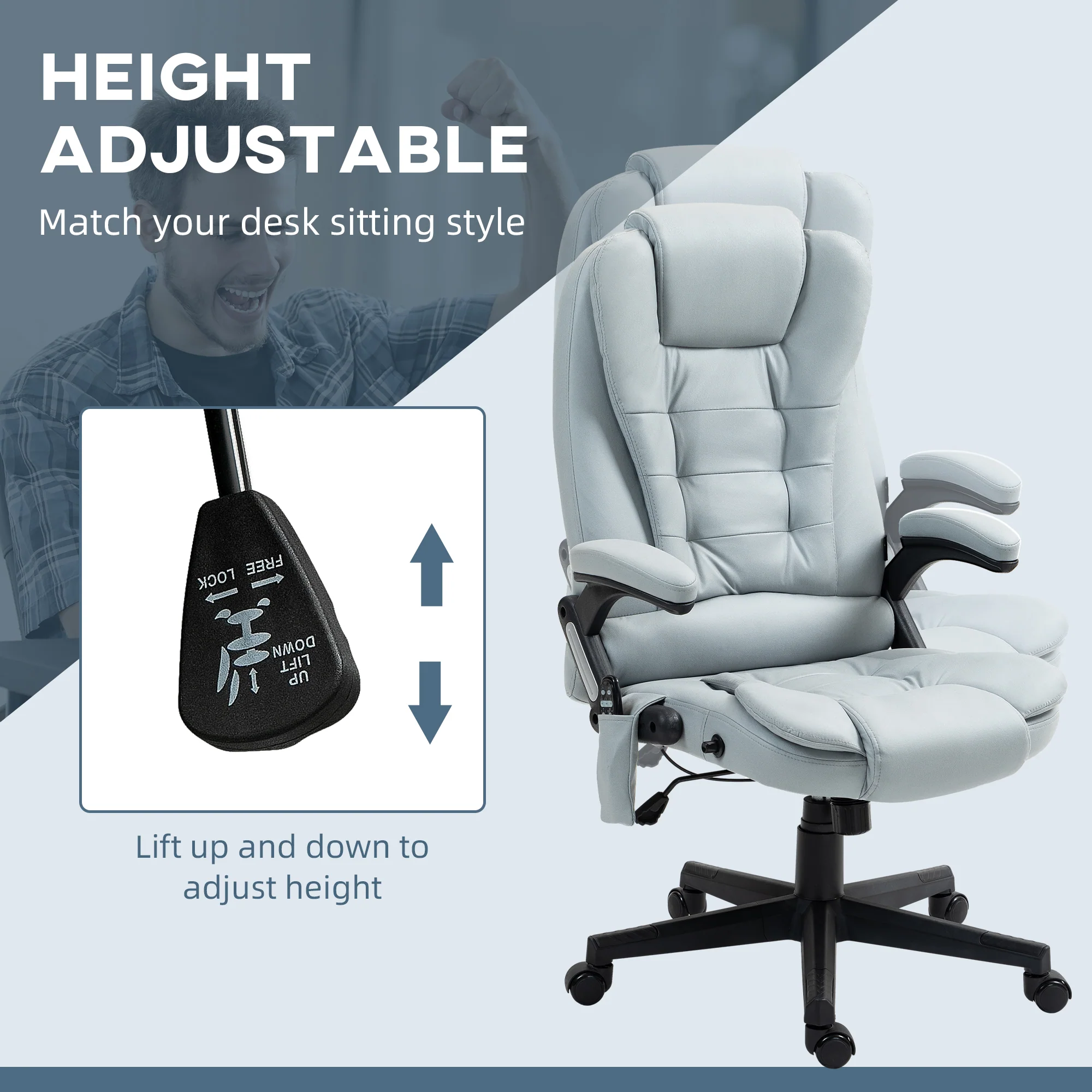 6 Point Vibrating Massage Office Chair with Heat, Microfiber Massage Desk Chair with Reclining Backrest, Light Gray - Image 7