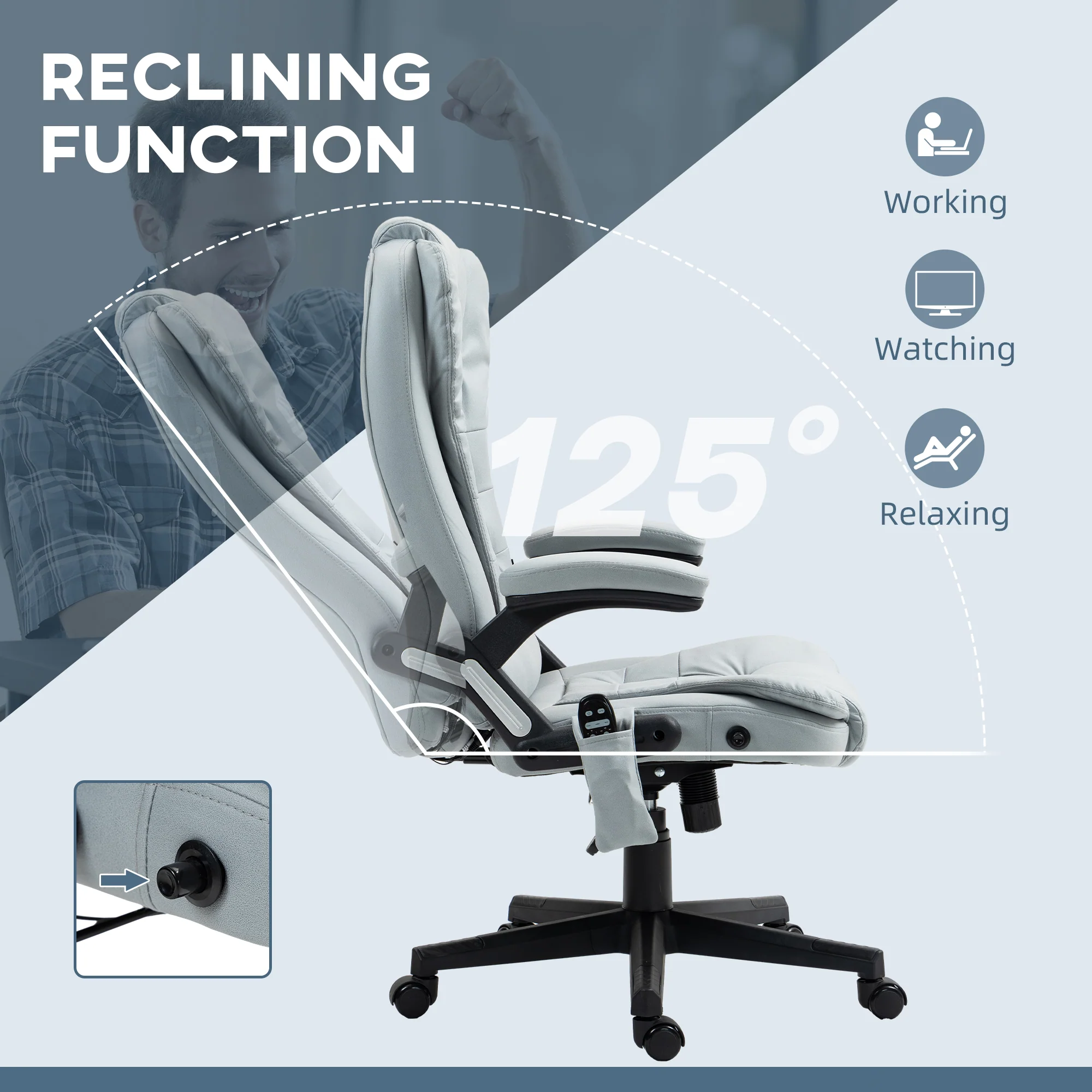 6 Point Vibrating Massage Office Chair with Heat, Microfiber Massage Desk Chair with Reclining Backrest, Light Gray - Image 9