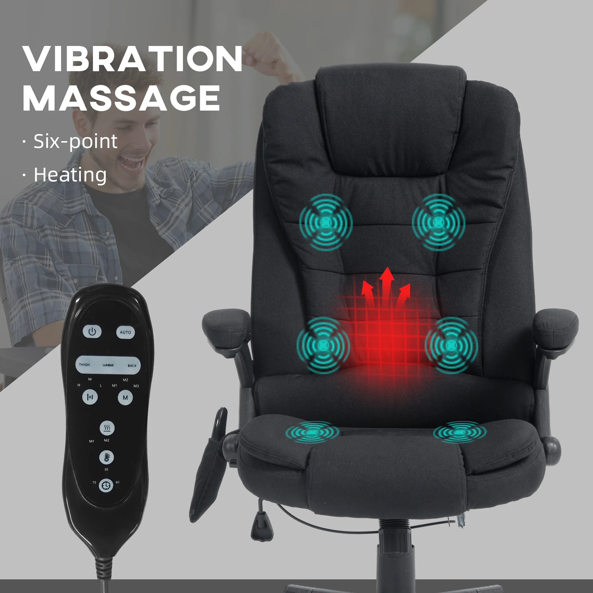 6 Points Heated Massage Office Chair, Linen High Back Executive Office Chair, Black - Image 6