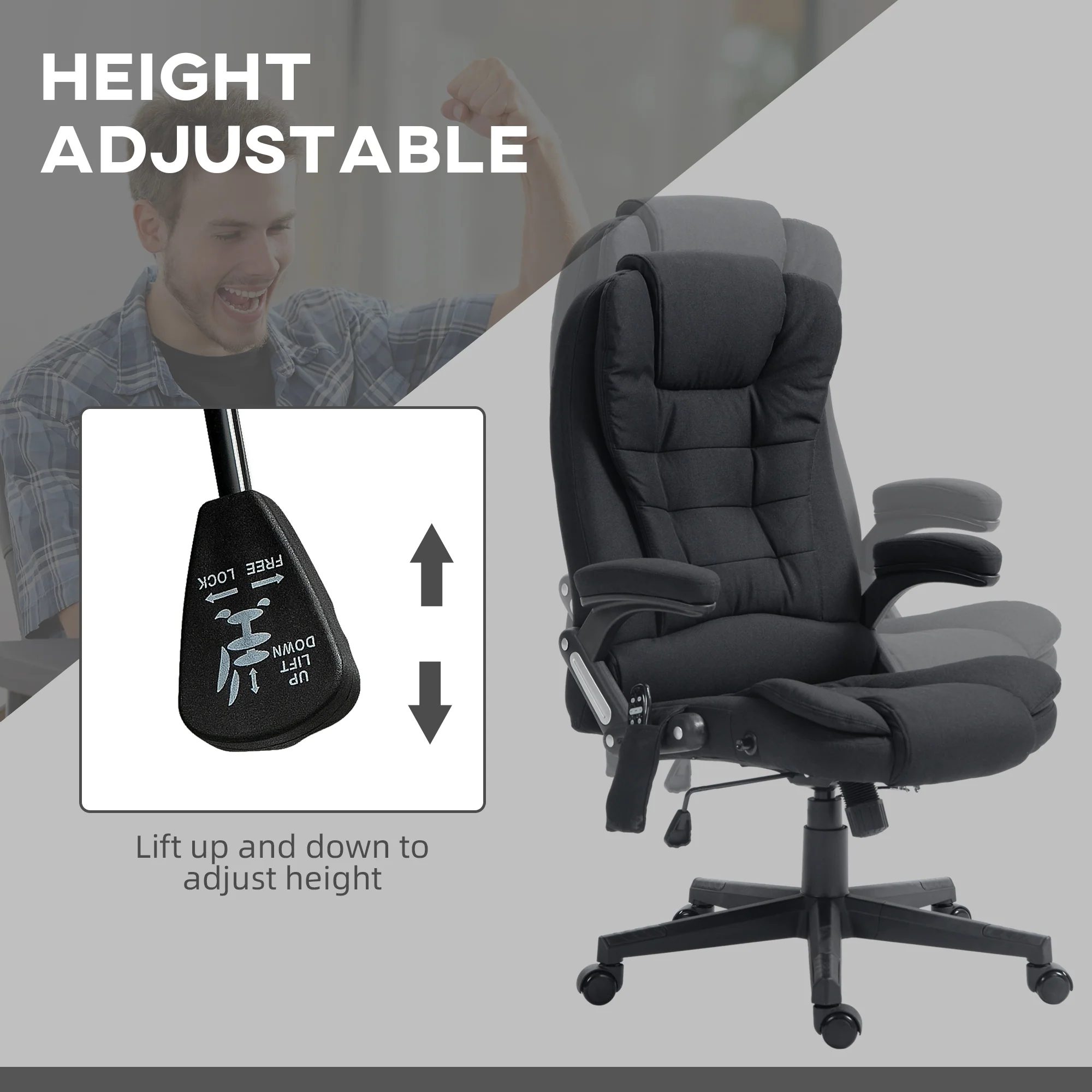 6 Points Heated Massage Office Chair, Linen High Back Executive Office Chair, Black - Image 7