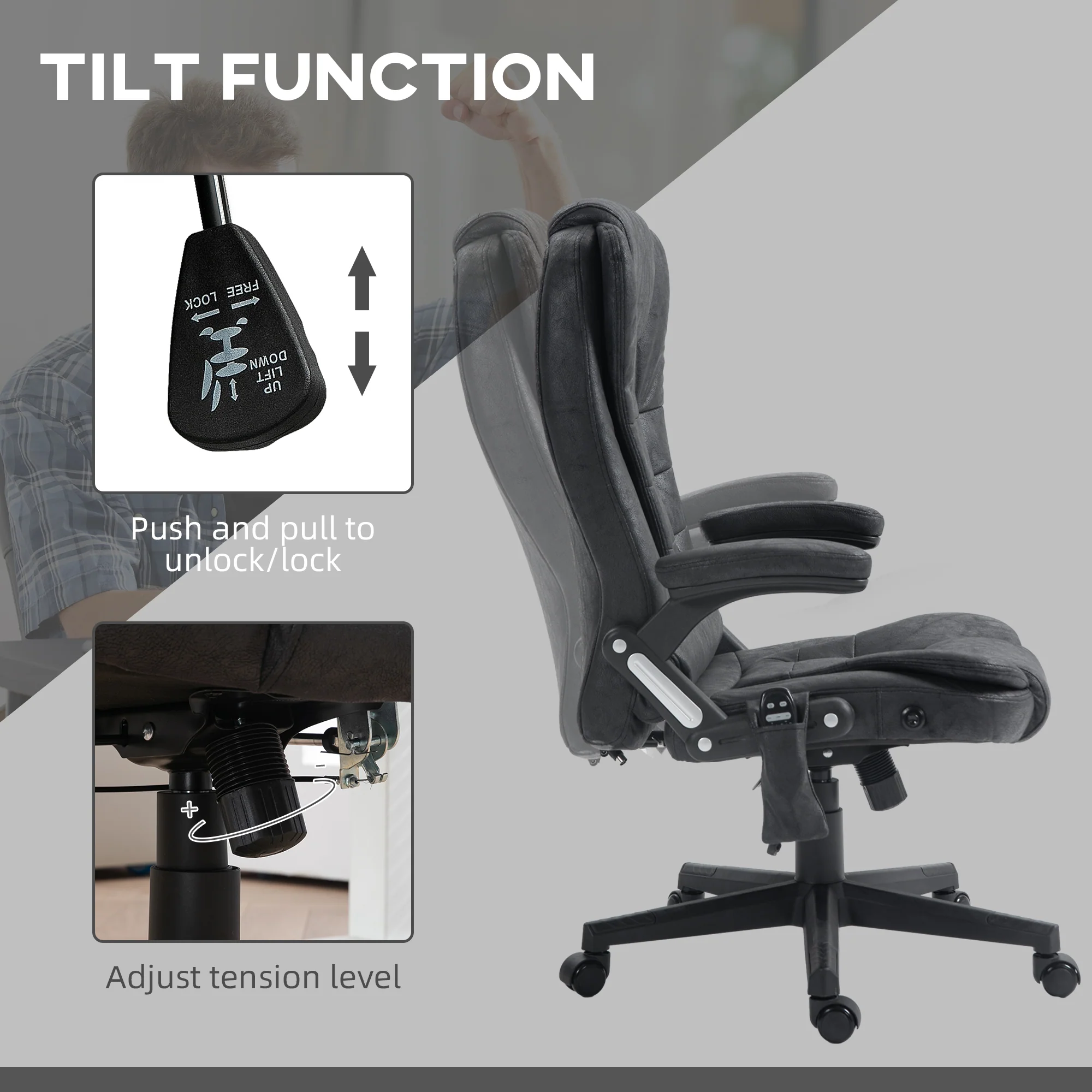 6 Points Heated Massage Office Chair, Microfiber High Back Executive Office Chair, Black - Image 8